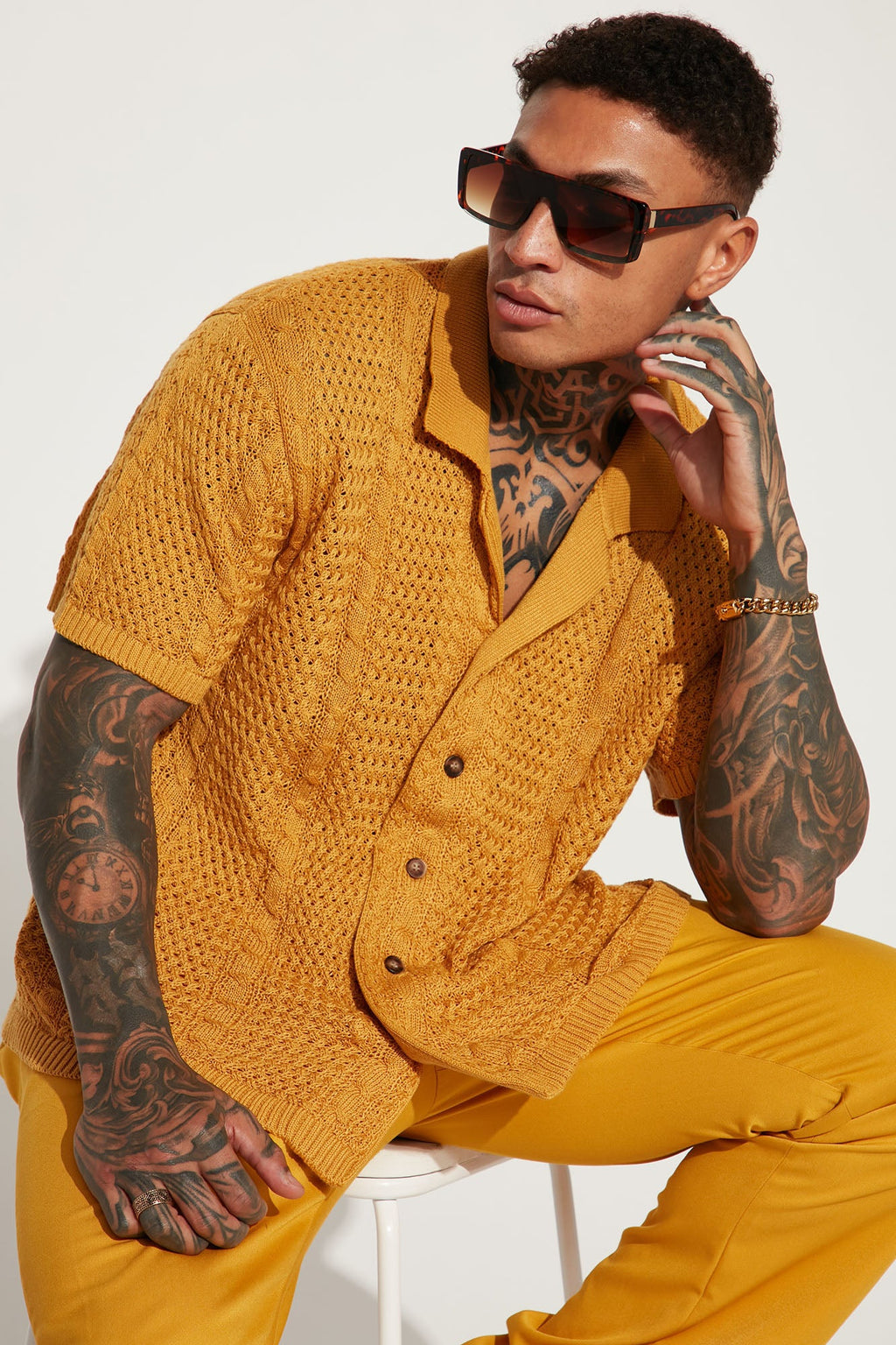 Unwind Cable Knit Short Sleeve Button Up - Mustard