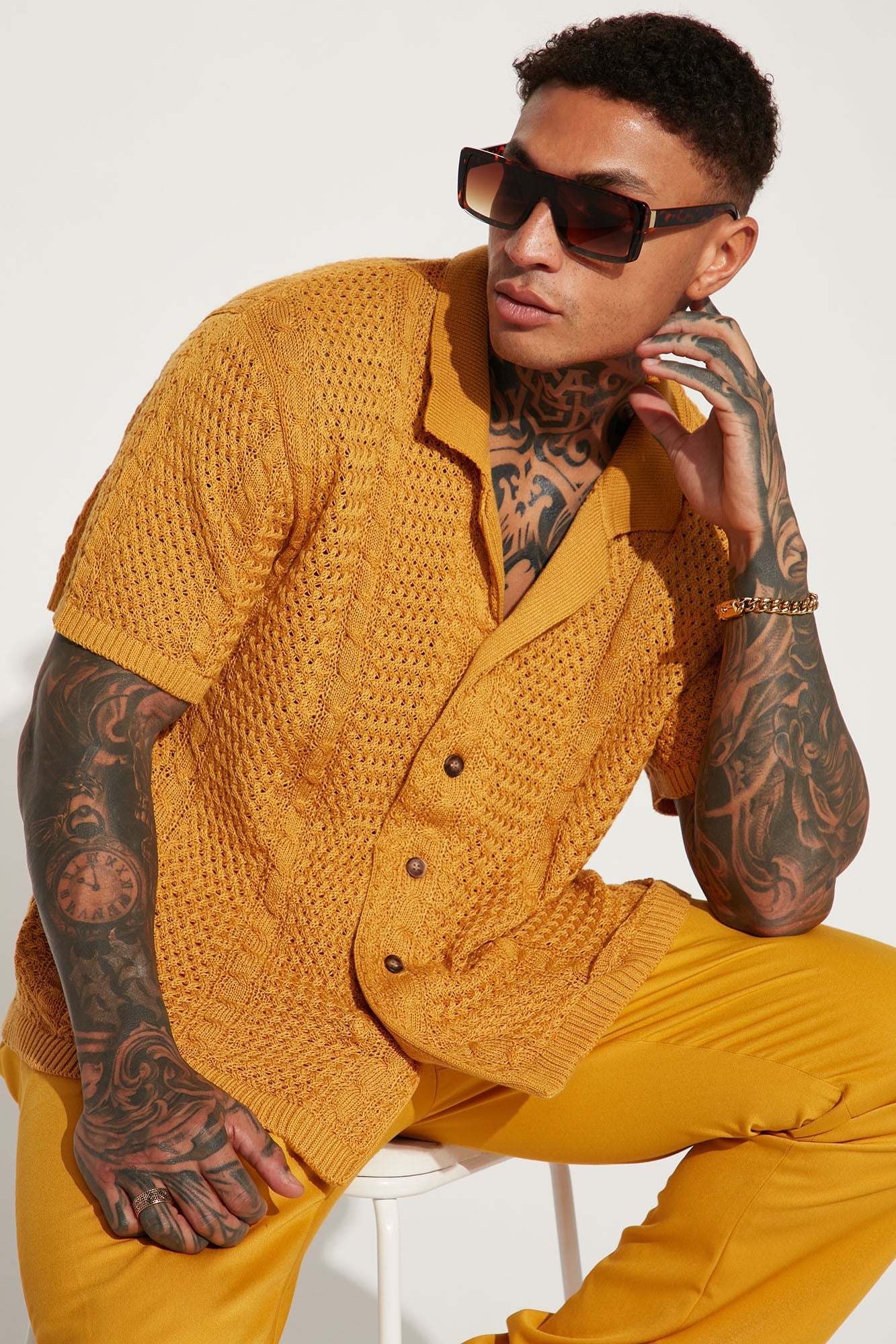 Unwind Cable Knit Short Sleeve Button Up - Mustard