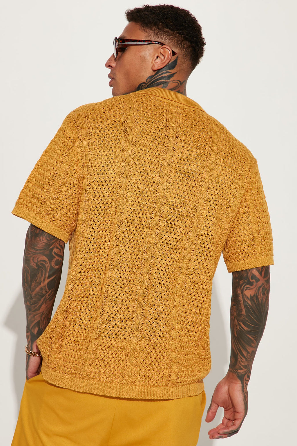 Unwind Cable Knit Short Sleeve Button Up - Mustard