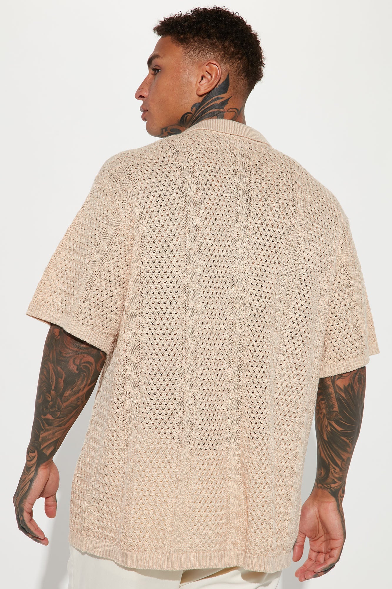 Unwind Cable Knit Short Sleeve Button Up - Oatmeal