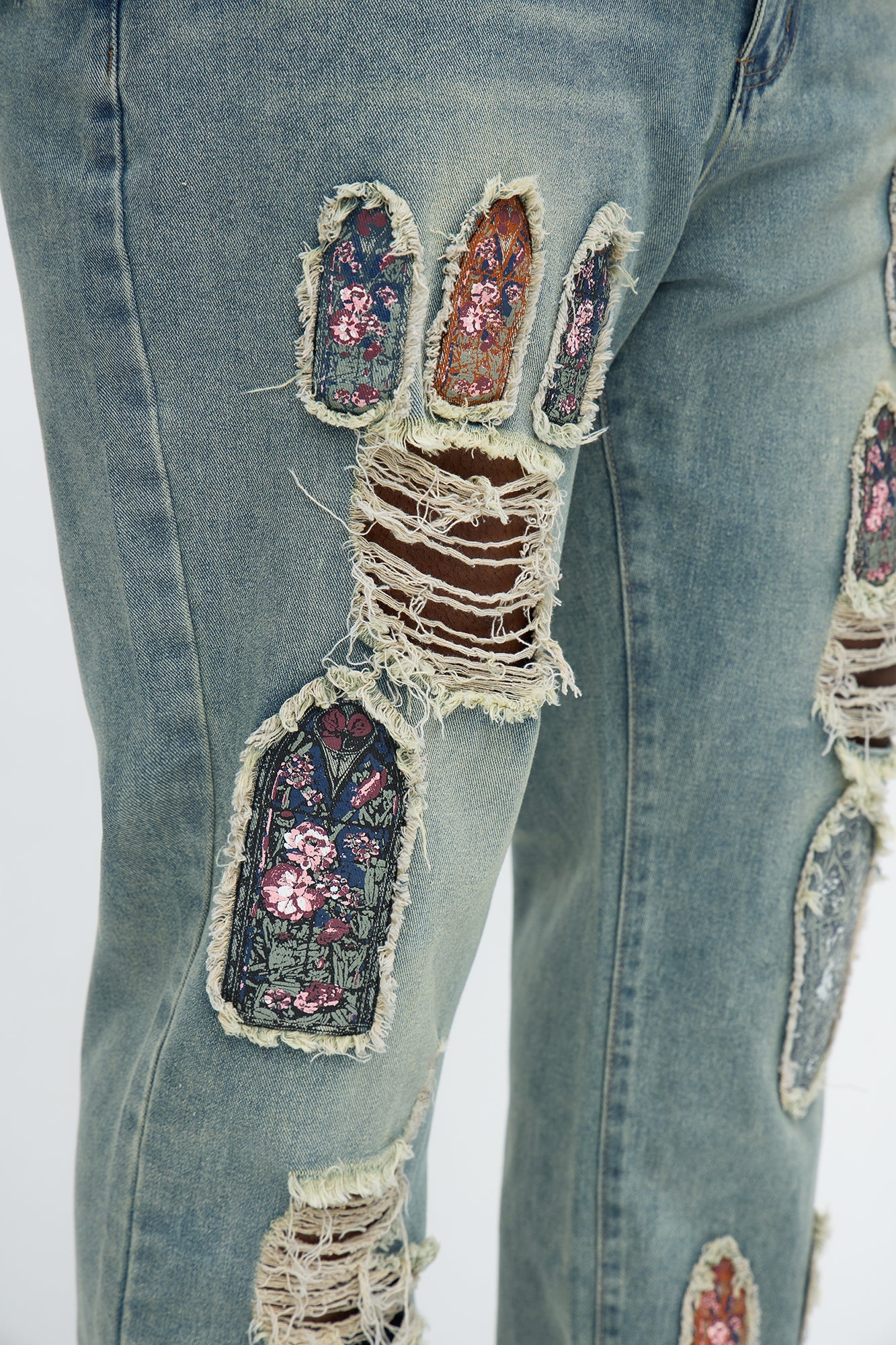 Relaxed Straight Holy Windows Patched Distressed Jean - Vintage Blue Wash