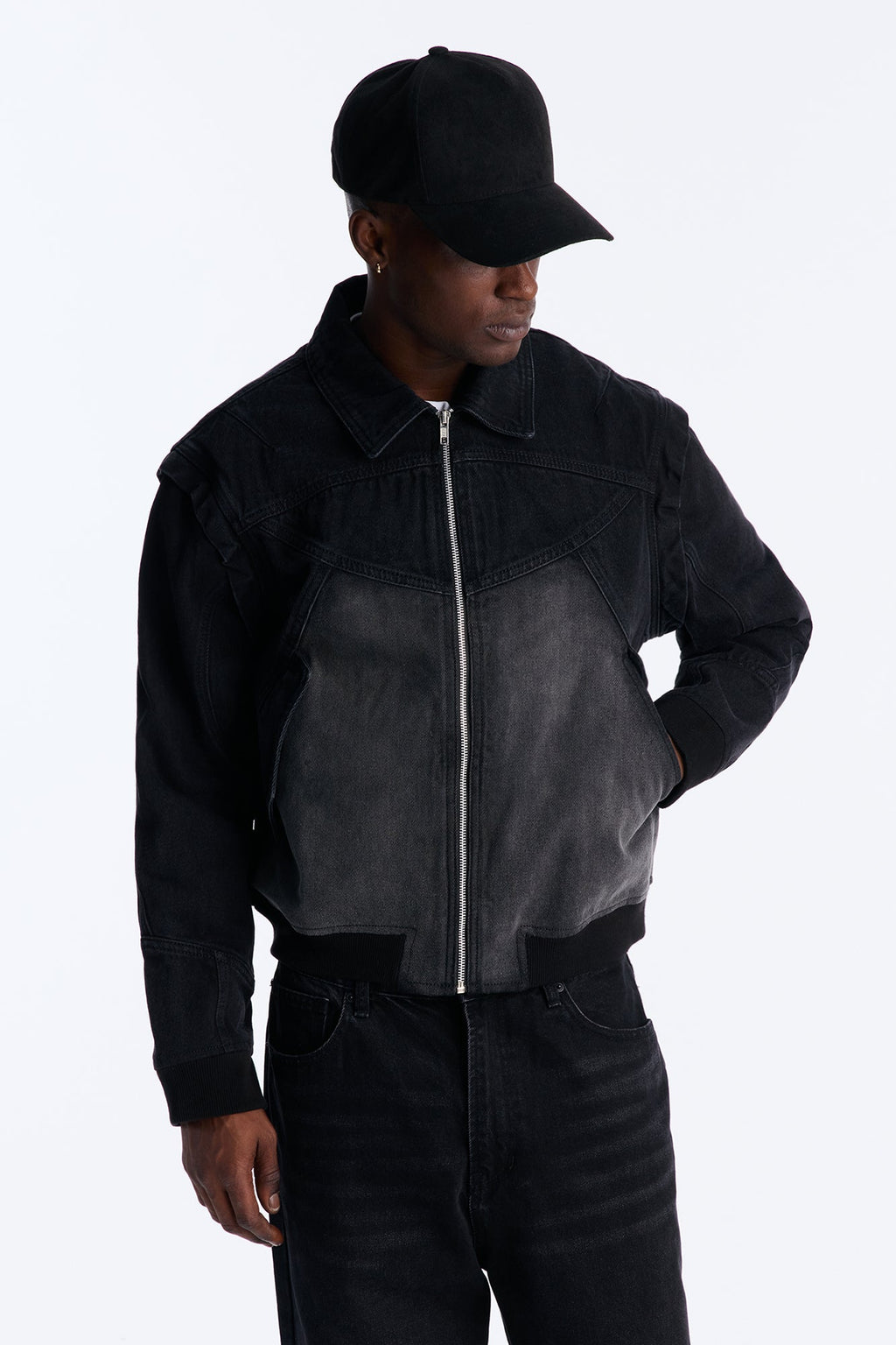 Paneled Denim Bomber Jacket - Black Wash