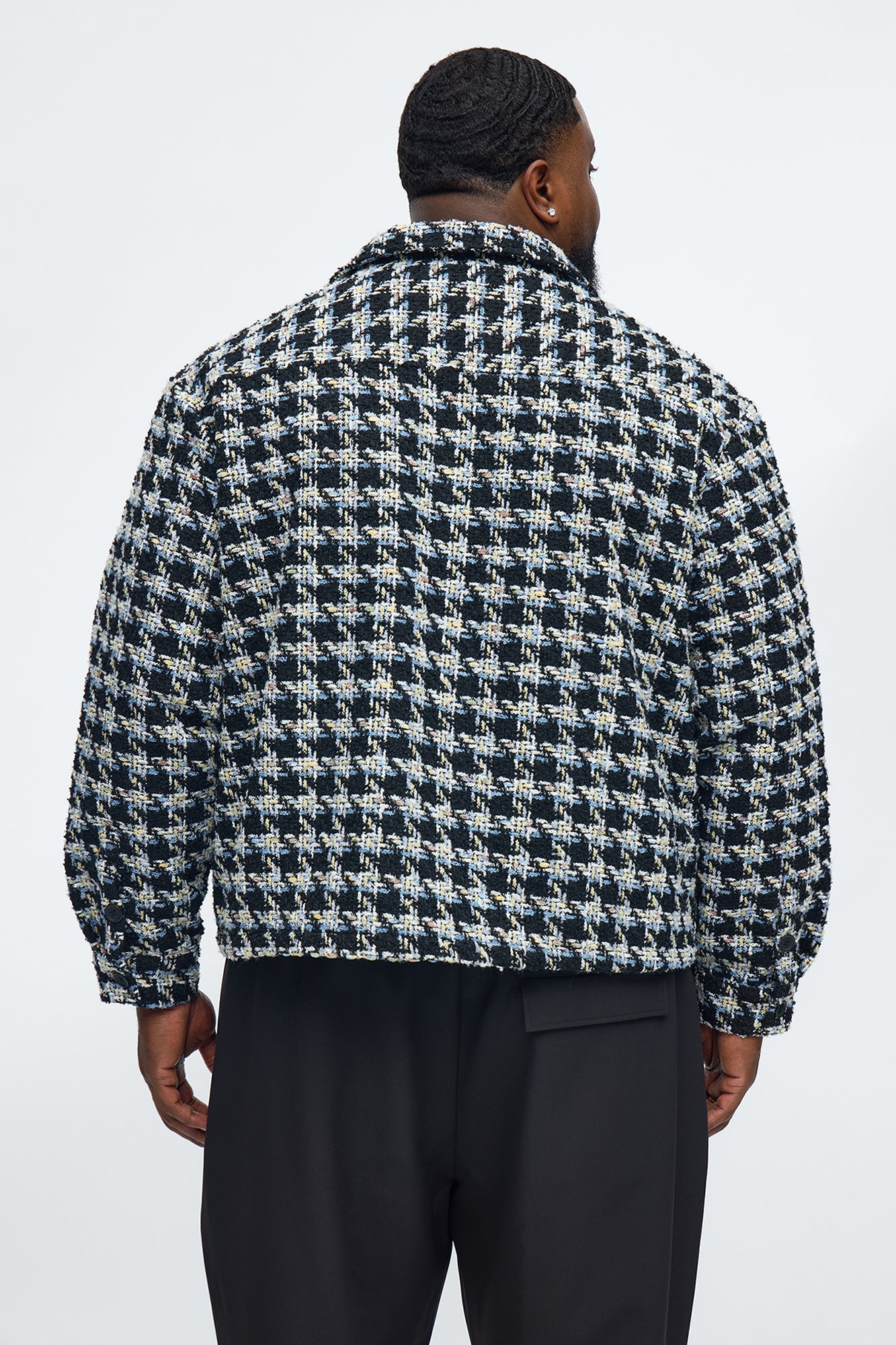 Cropped Textured Boucle Houndstooth Shacket - Black
