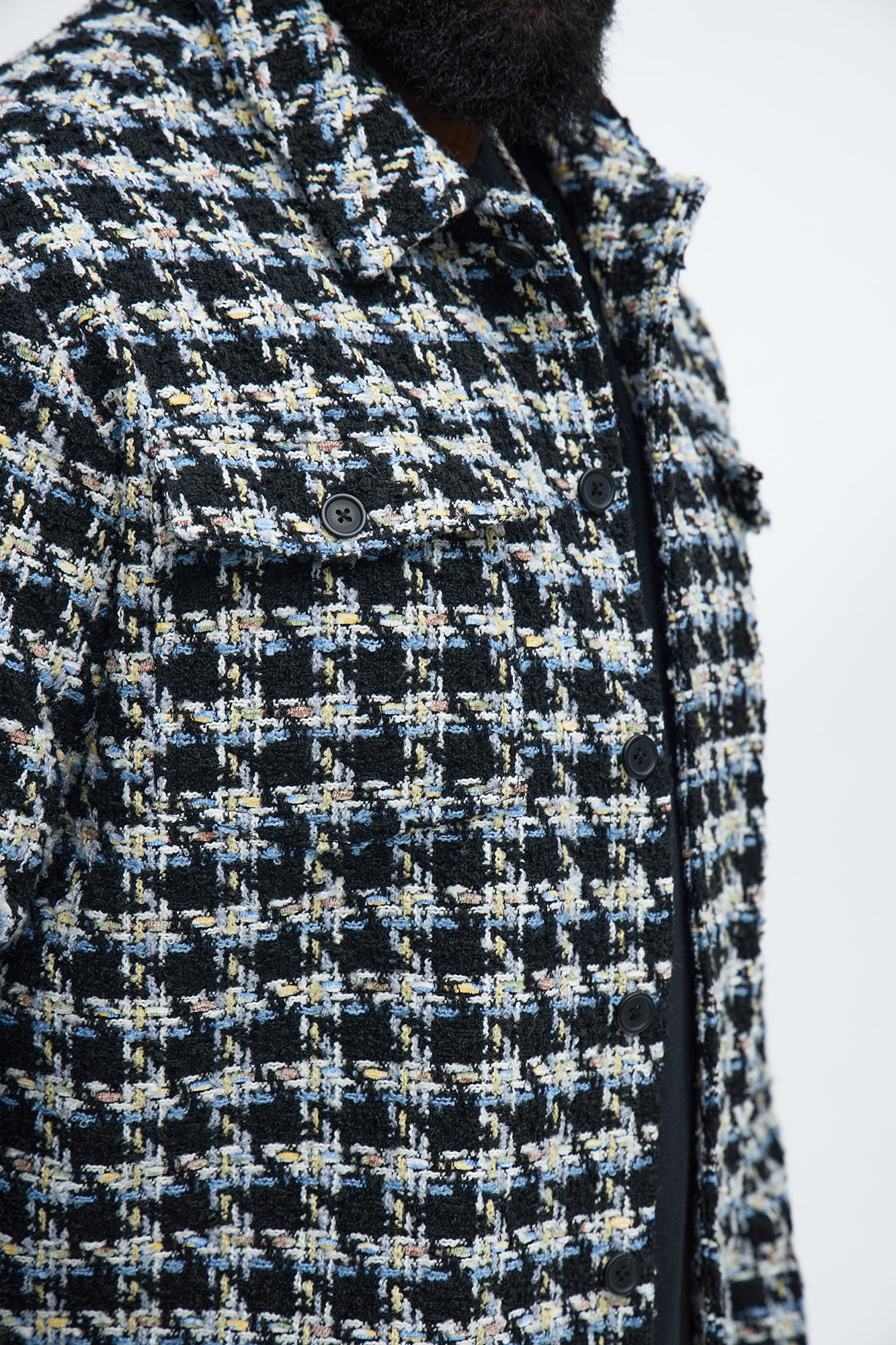 Cropped Textured Boucle Houndstooth Shacket - Black