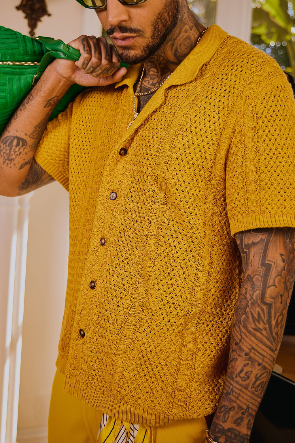 Unwind Cable Knit Short Sleeve Button Up - Mustard