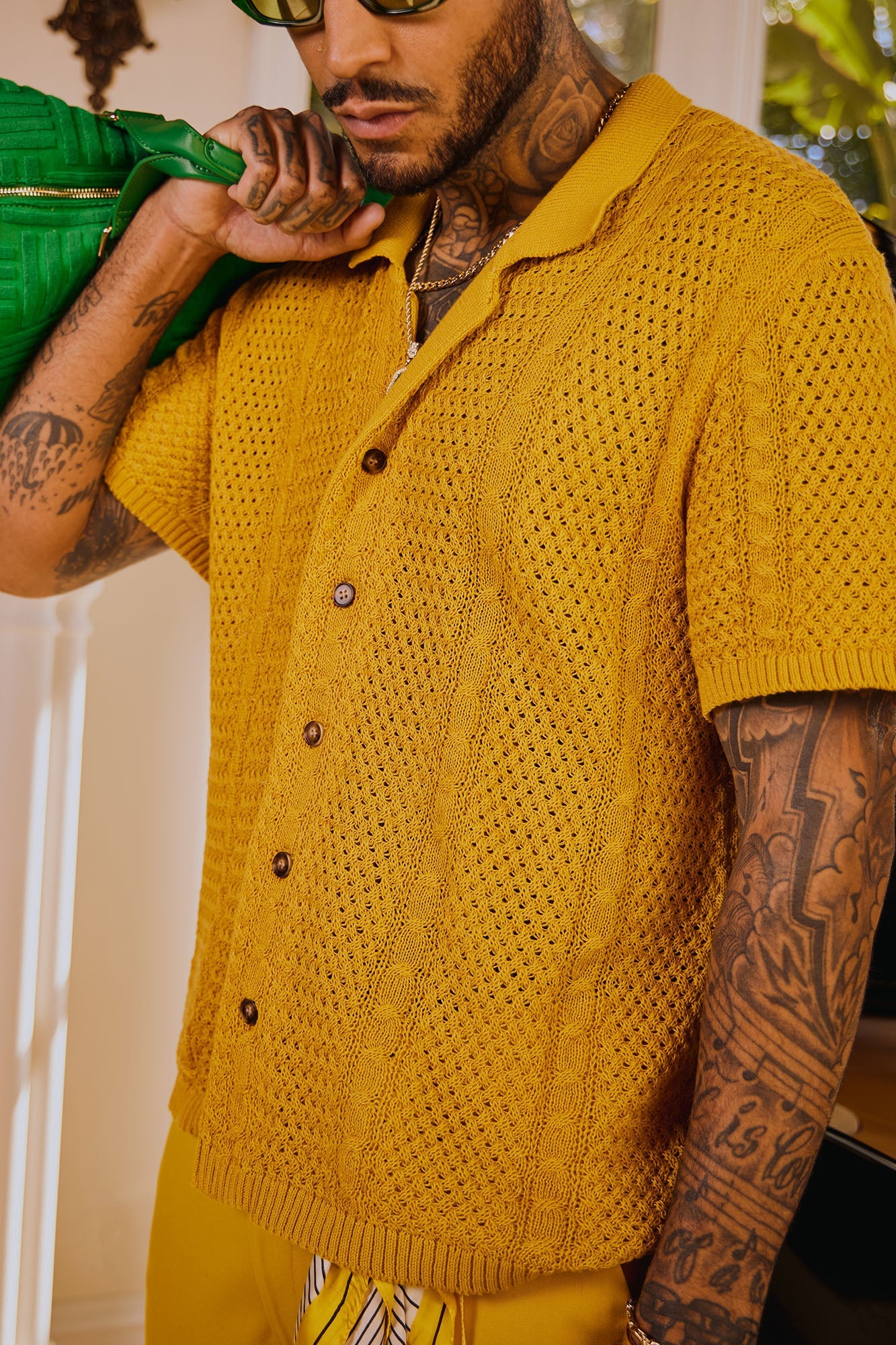 Unwind Cable Knit Short Sleeve Button Up - Mustard