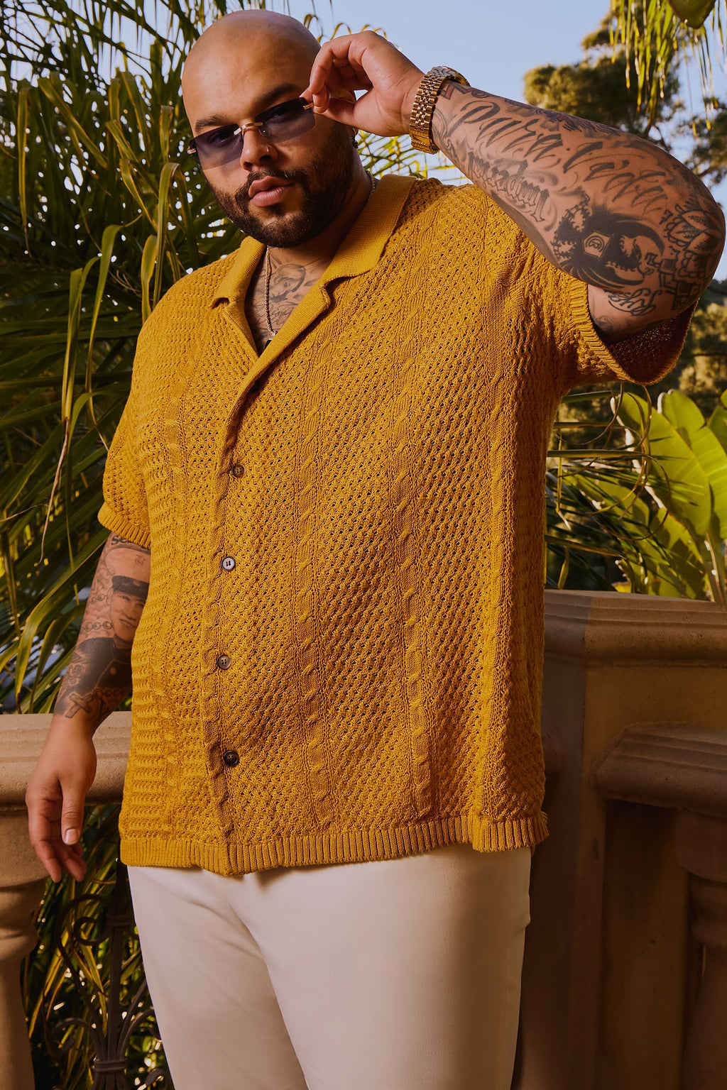 Unwind Cable Knit Short Sleeve Button Up - Mustard