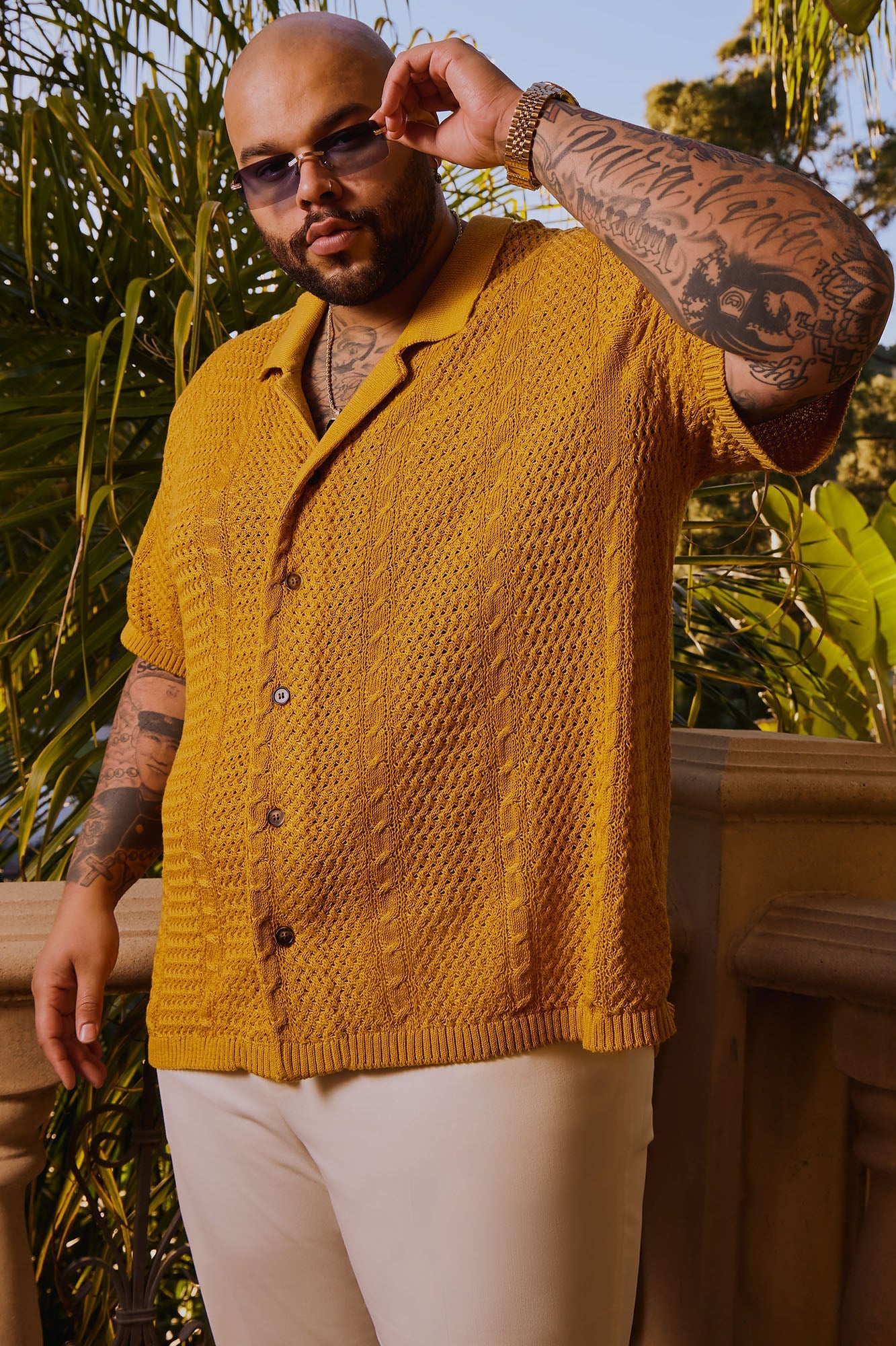 Unwind Cable Knit Short Sleeve Button Up - Mustard