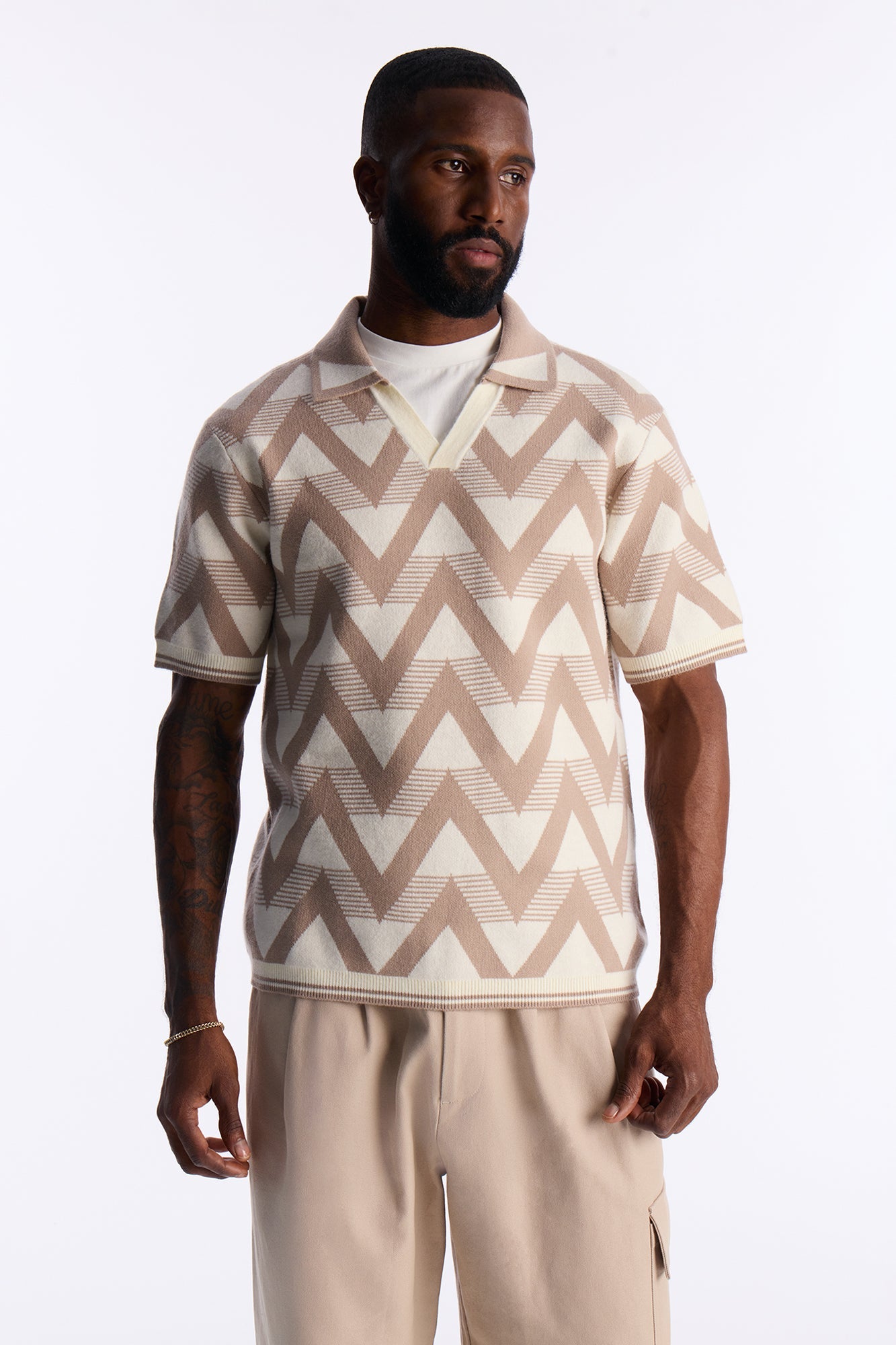 Charlie Johnny Collar Knitted Polo - Taupe