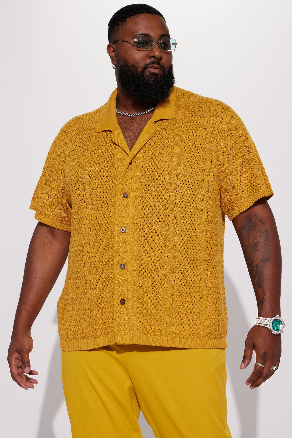 Unwind Cable Knit Short Sleeve Button Up - Mustard