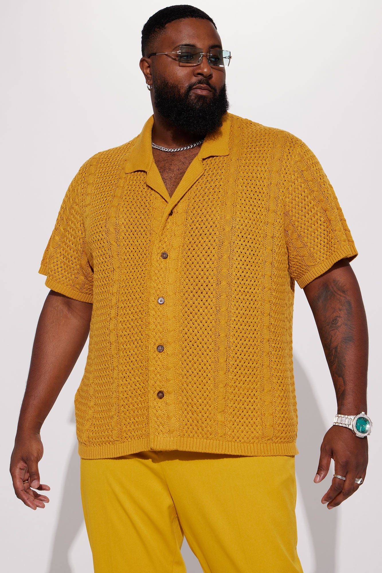 Unwind Cable Knit Short Sleeve Button Up - Mustard