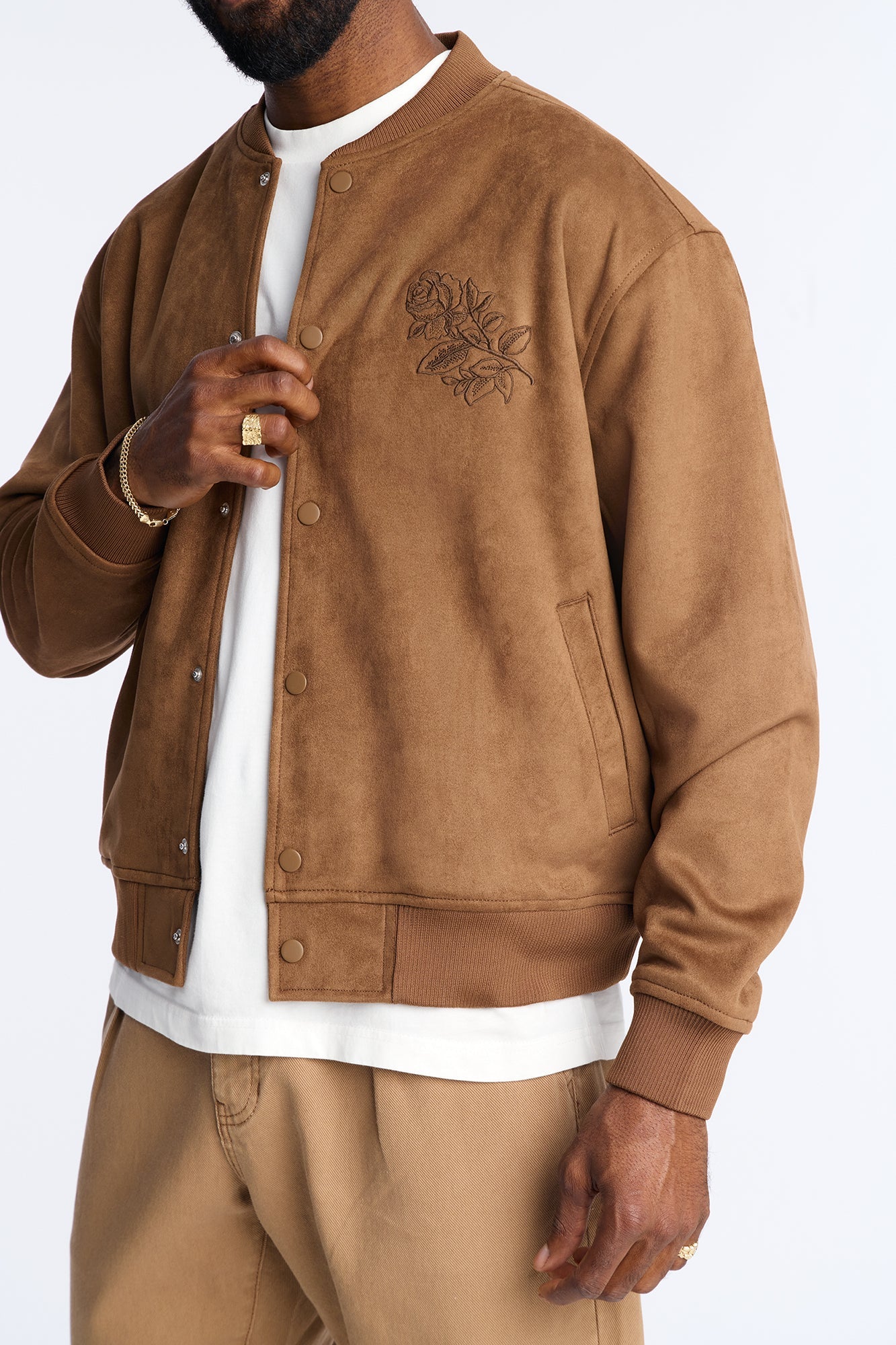 Faux Suede Embroidered Blossom Bomber Jacket - Tan