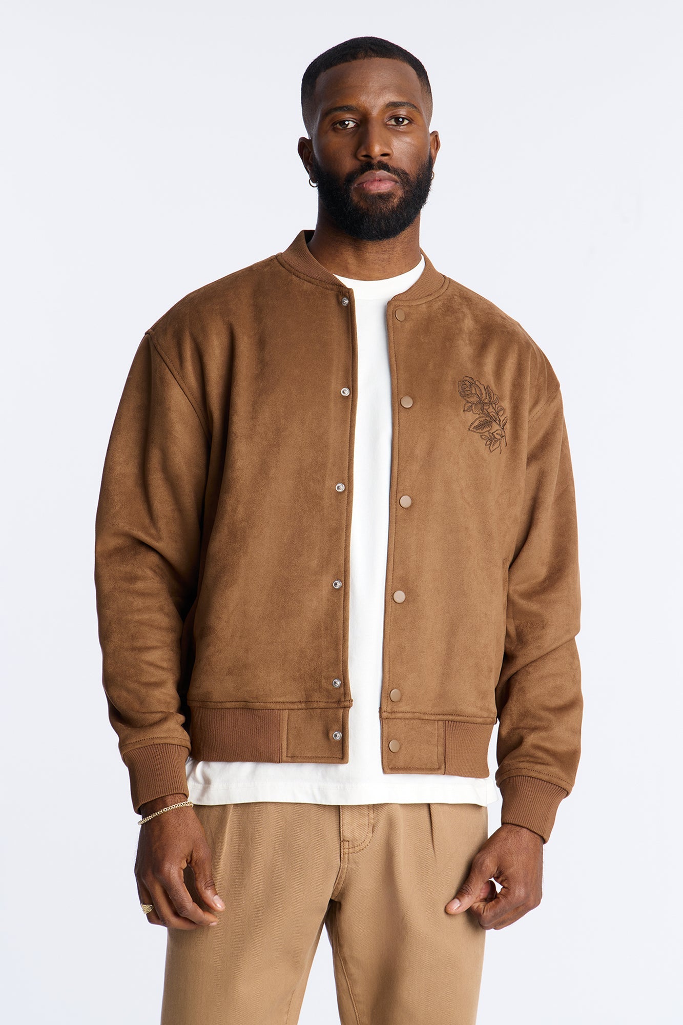 Faux Suede Embroidered Blossom Bomber Jacket - Tan