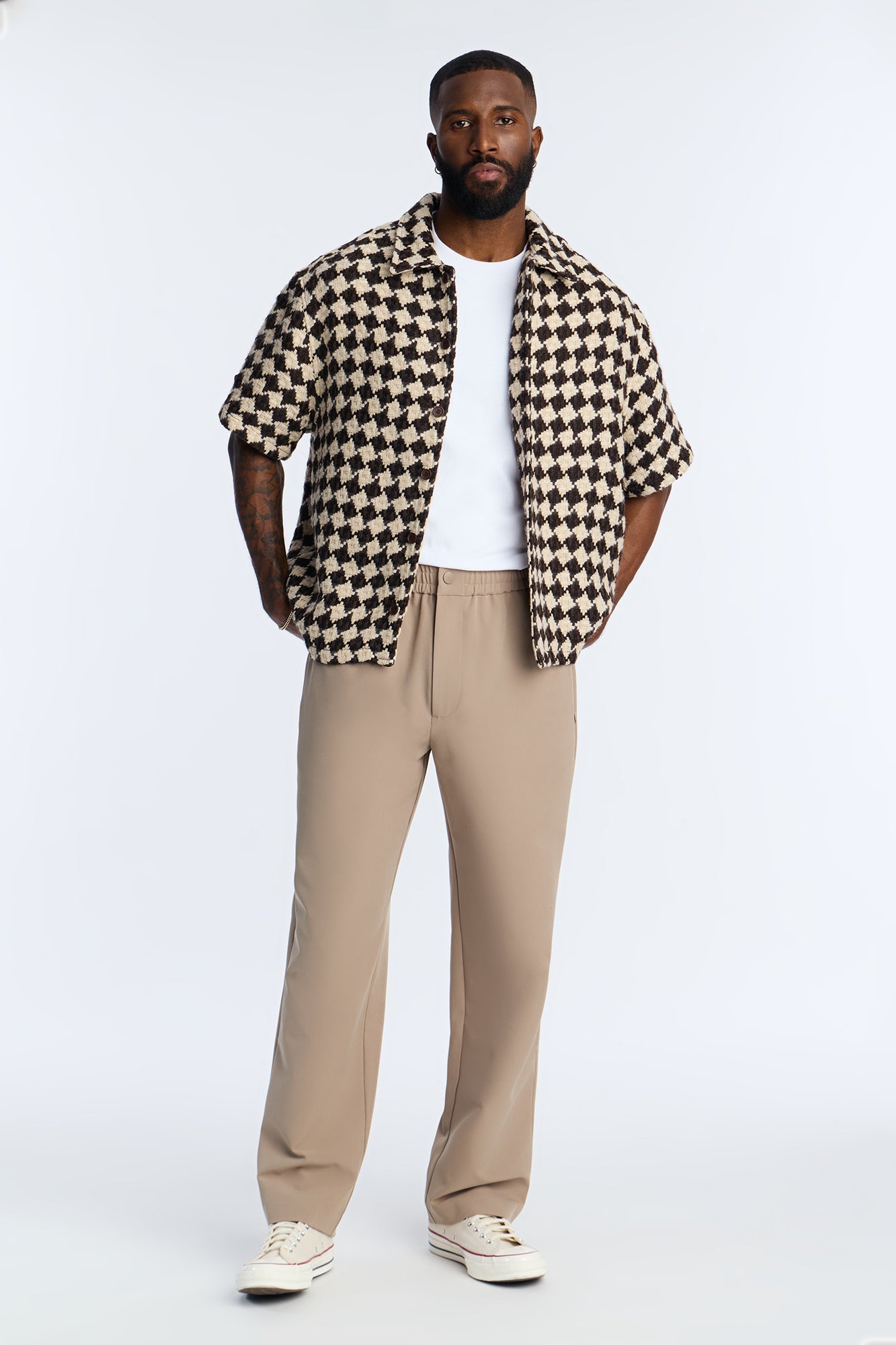 Boxy Cropped Mosaic Button Up Shirt - Brown