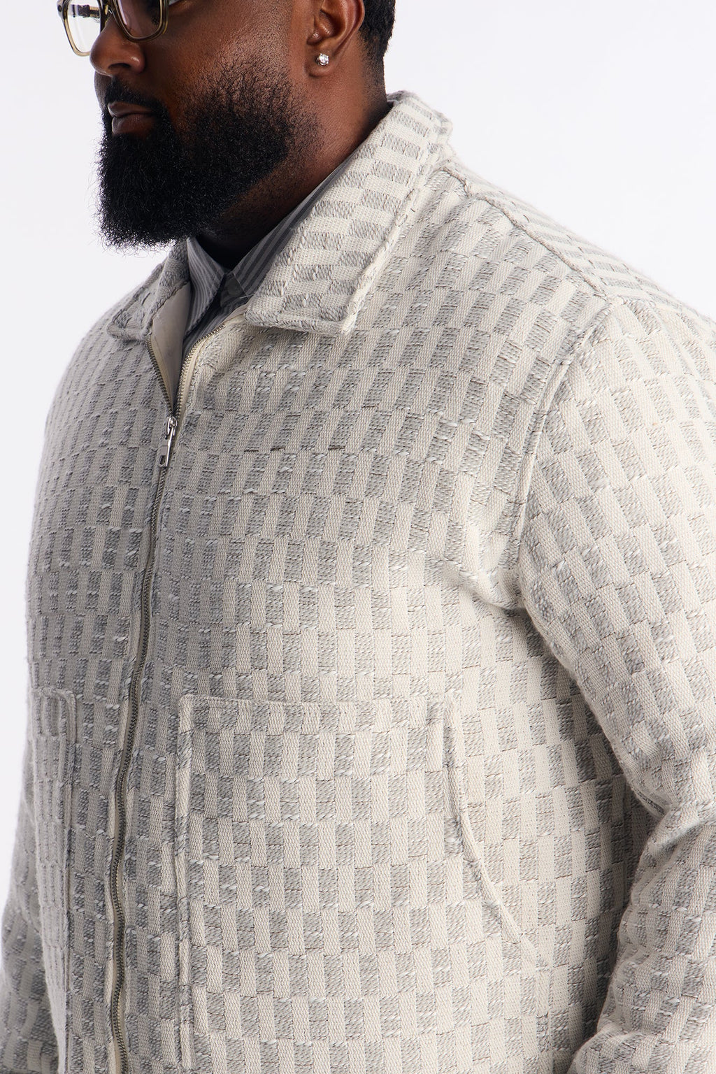 Relaxed Cropped Checker Work Jacket - Cream