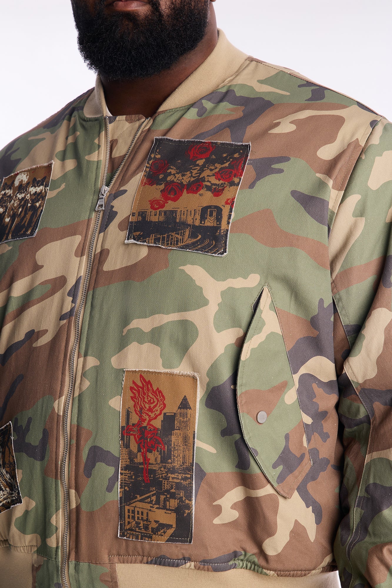 Oversized Padded Distressed Patched Bomber Jacket - Camouflage