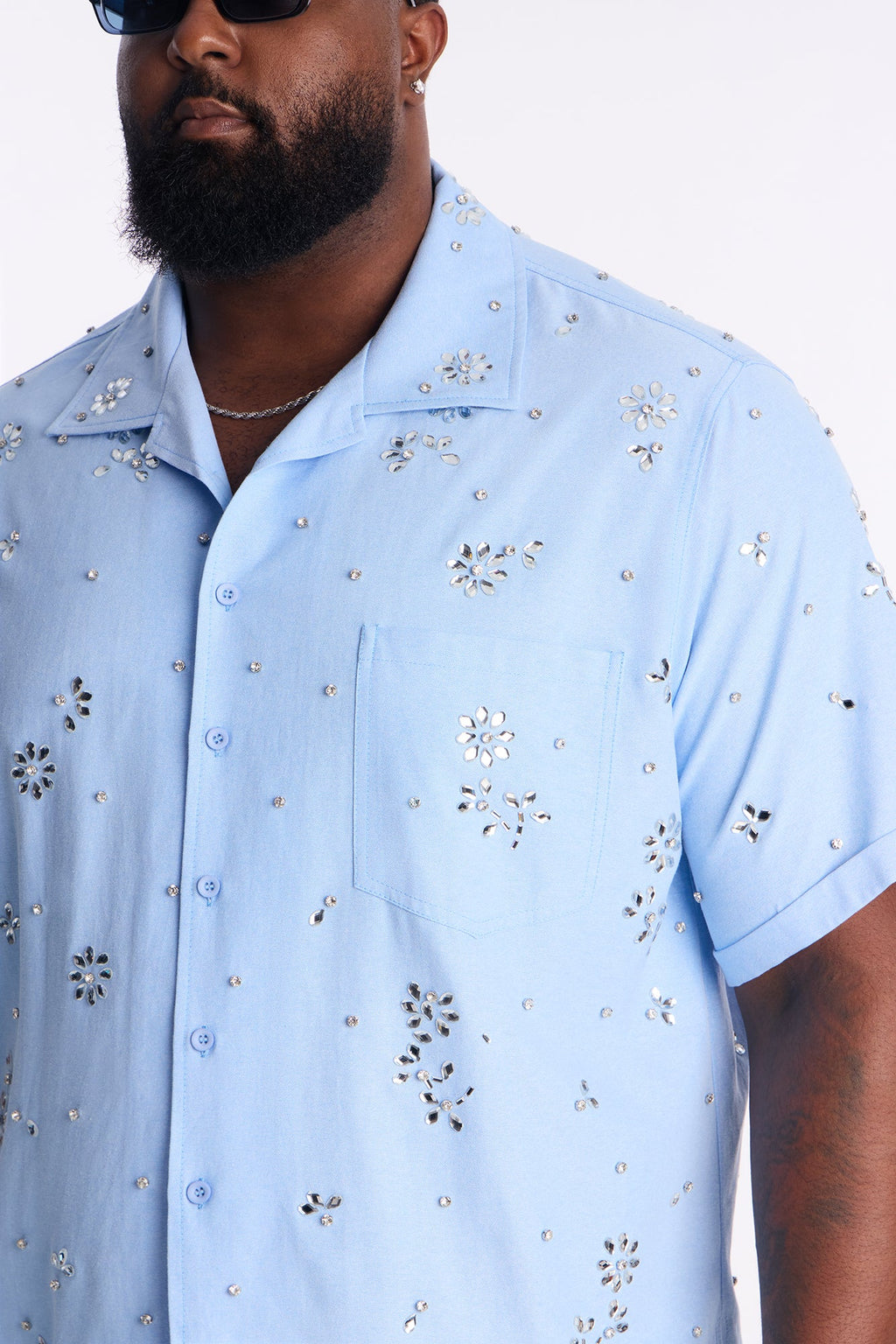 Chrome Bloom Cuban Button Up Shirt - Light Blue