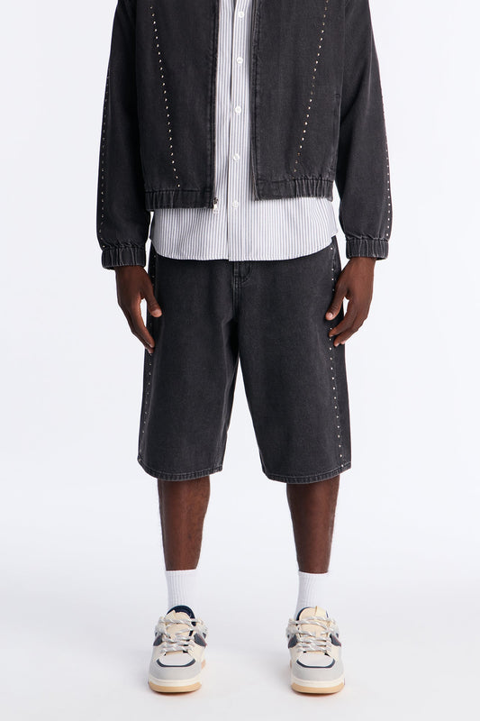 Baggy Lined Up Jewels Denim Short - Black Wash