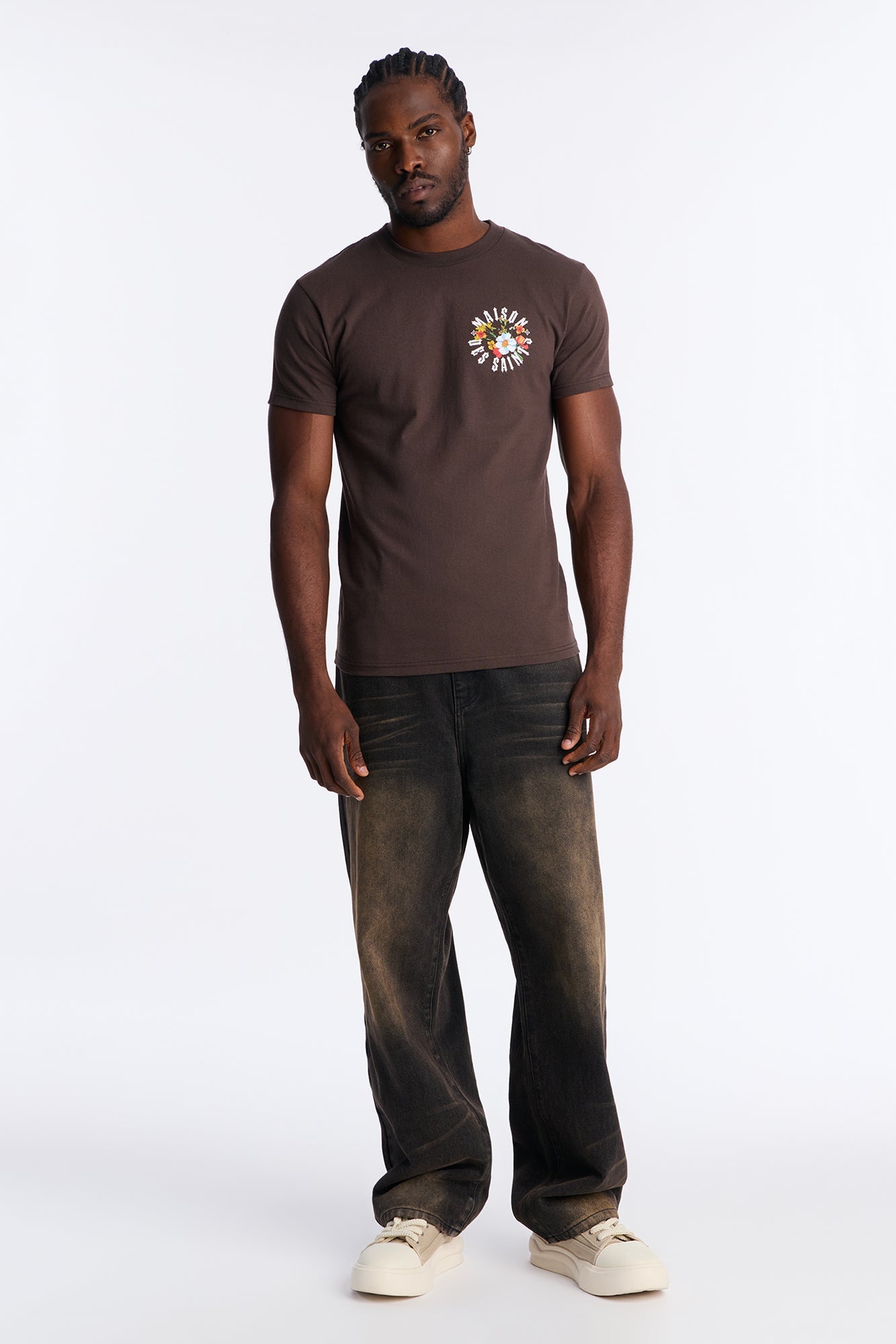 Maison Flower Print Short Sleeve Tee - Brown