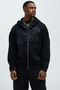 Tyson Rhinestone Oversized Zip Up Hoodie - Black