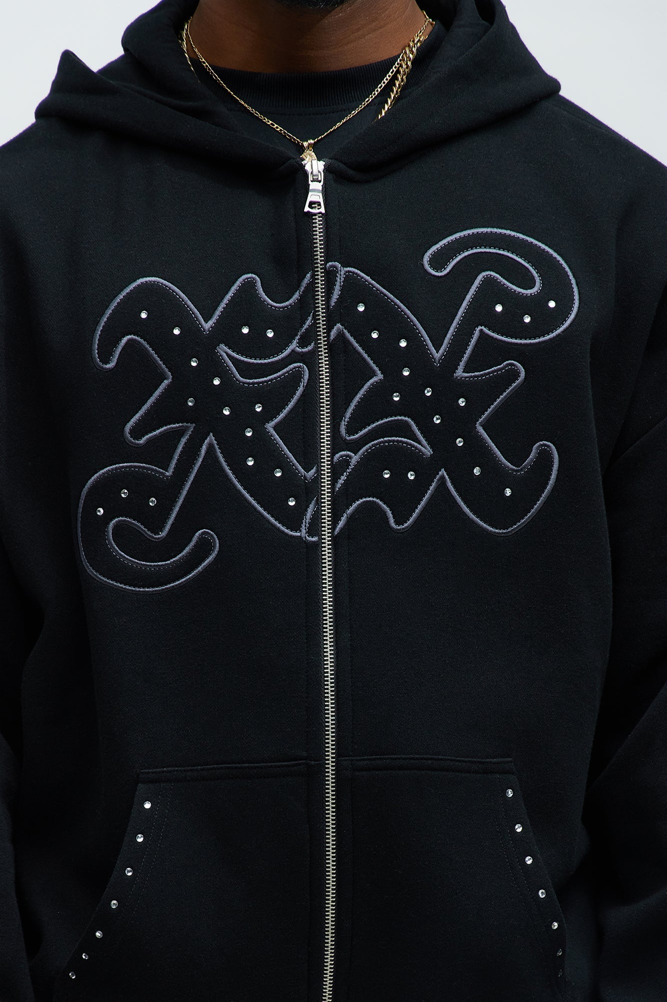 Tyson Rhinestone Oversized Zip Up Hoodie - Black