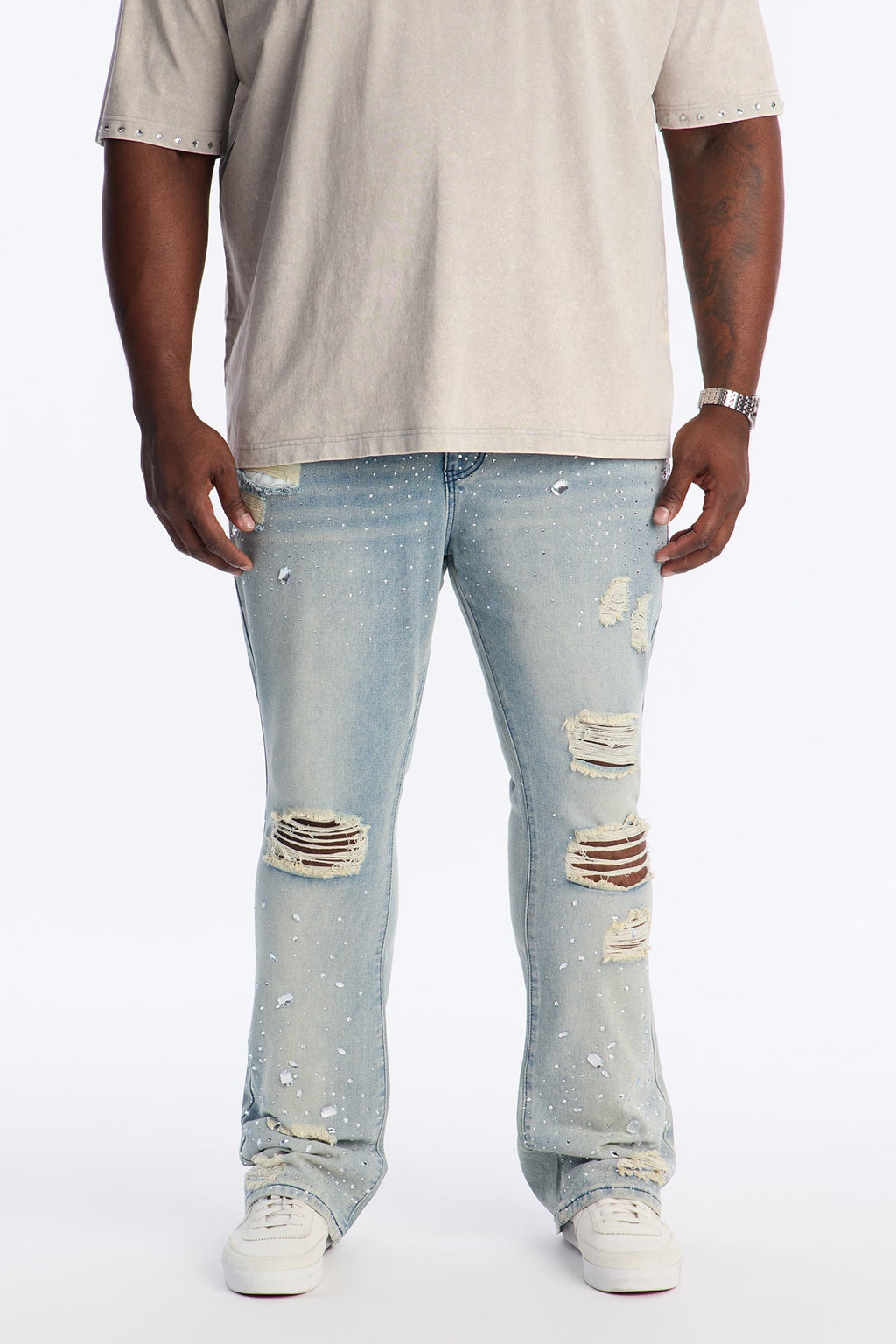 Stacked Skinny Flare Walk Me Through Jeweled Distressed Jean - Medium Blue Wash