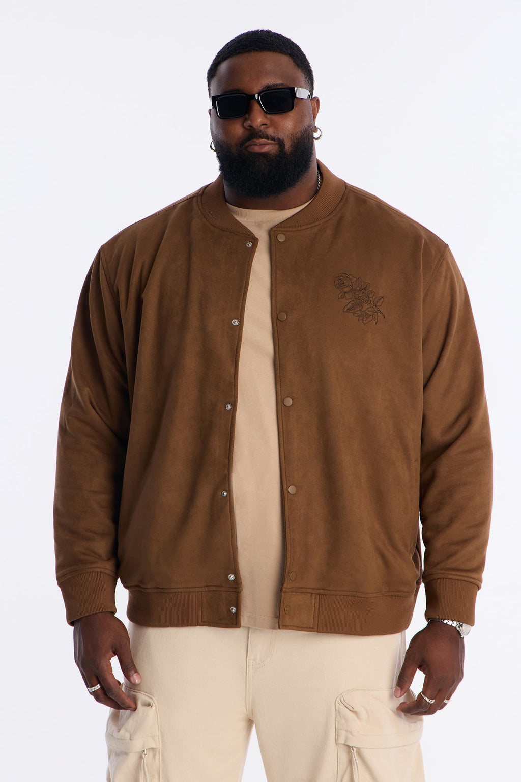 Faux Suede Embroidered Blossom Bomber Jacket - Tan