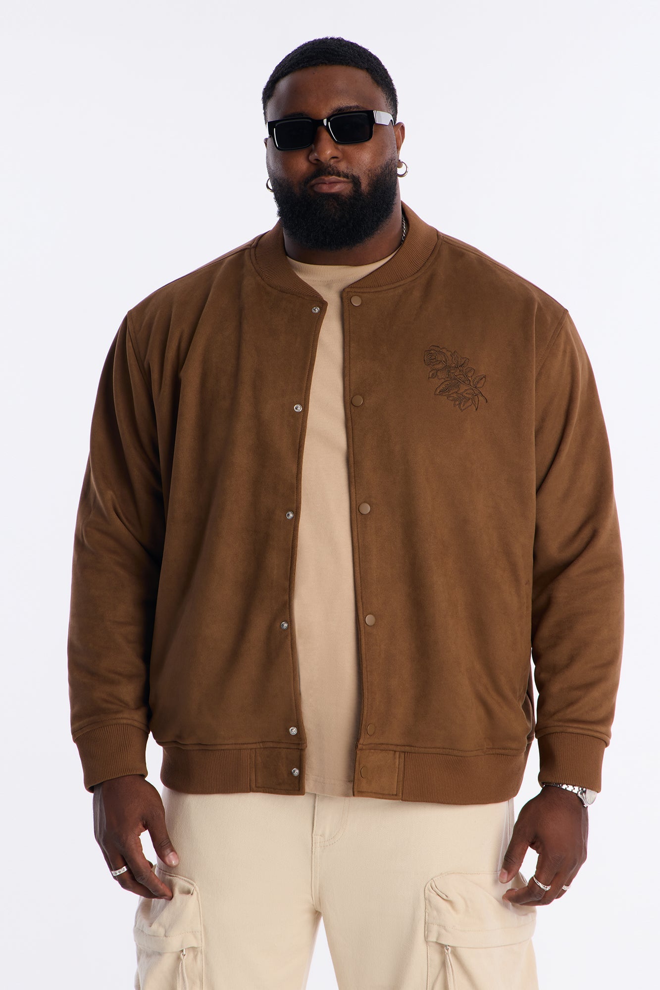 Faux Suede Embroidered Blossom Bomber Jacket - Tan