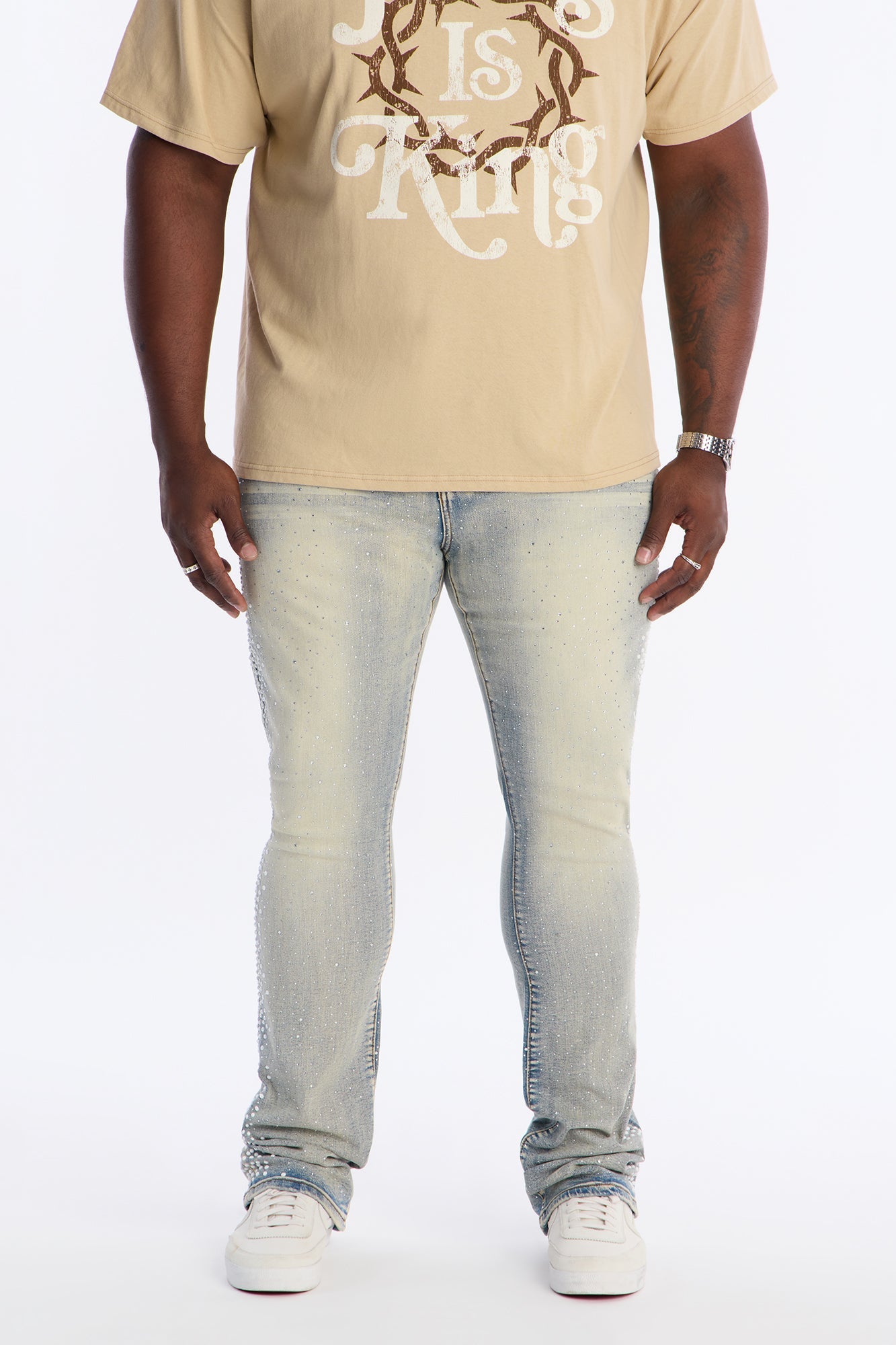 Stacked Skinny Flare Fancy Me Pearls With Jewel Jean - Medium Wash
