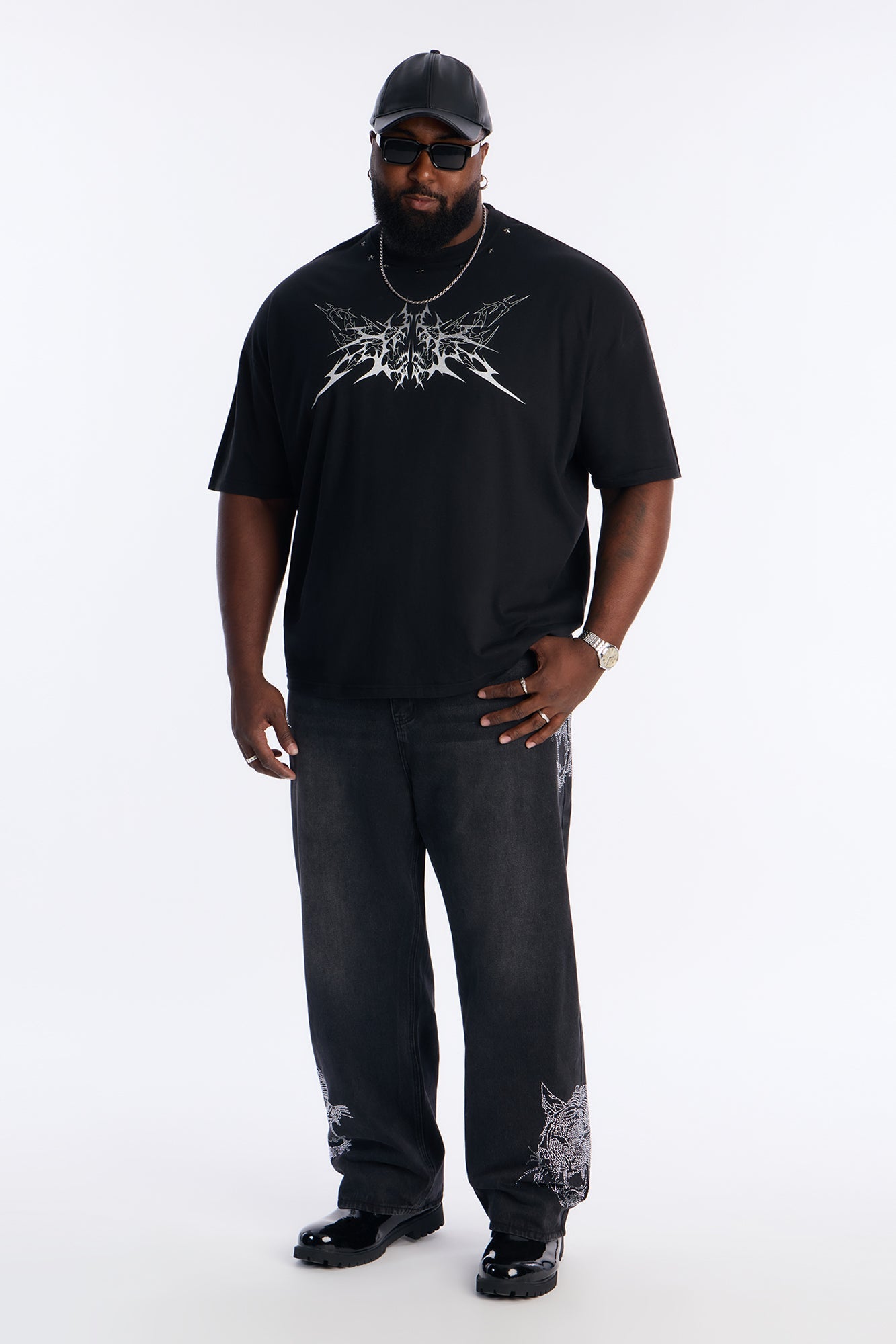 Metal Star Studded Short Sleeve Tee - Black
