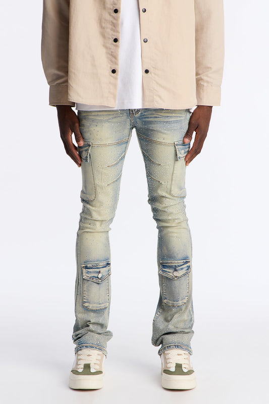 Stacked Skinny Flare Speckled Jeweled Cargo Jean - Medium Wash