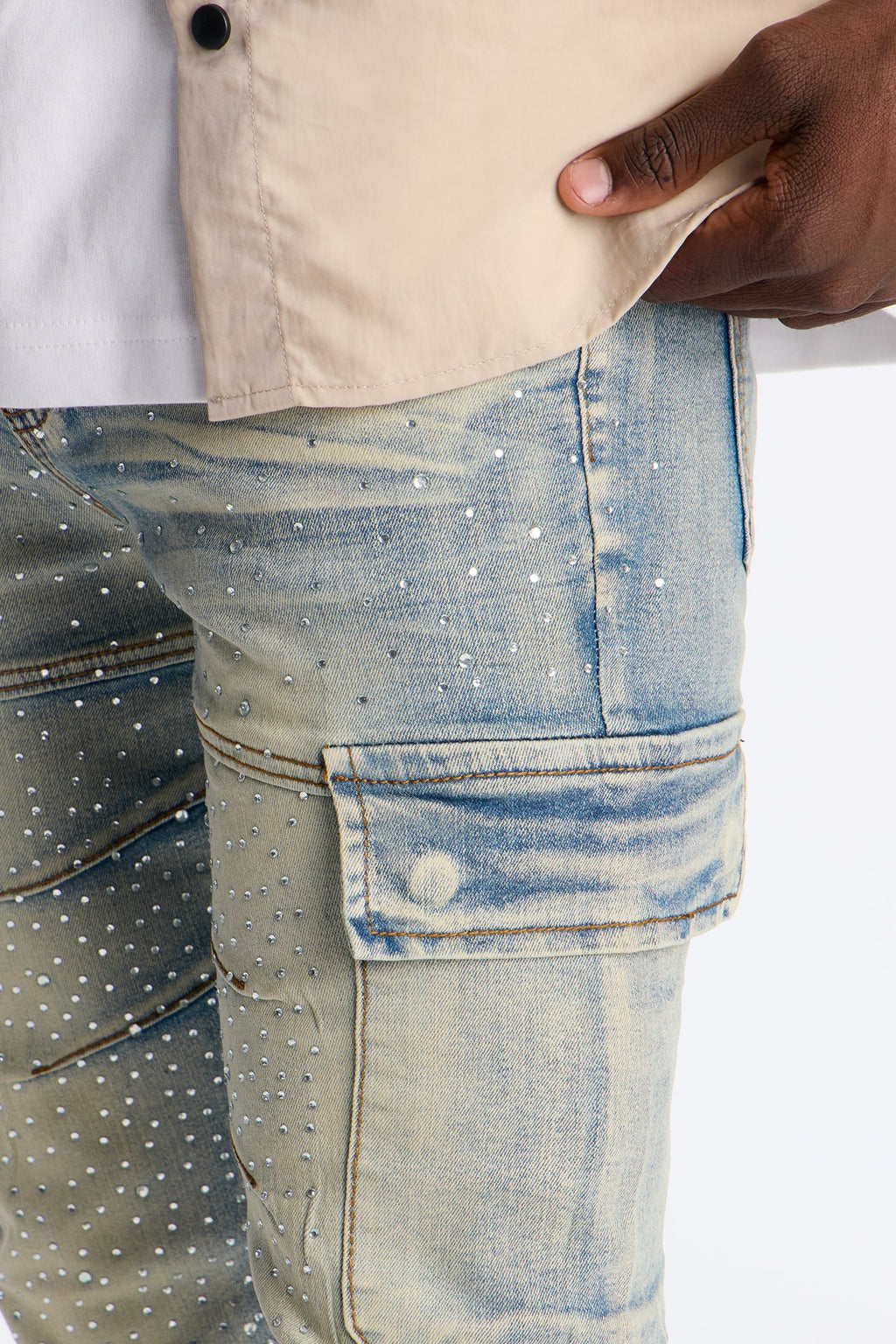 Stacked Skinny Flare Speckled Jeweled Cargo Jean - Medium Wash