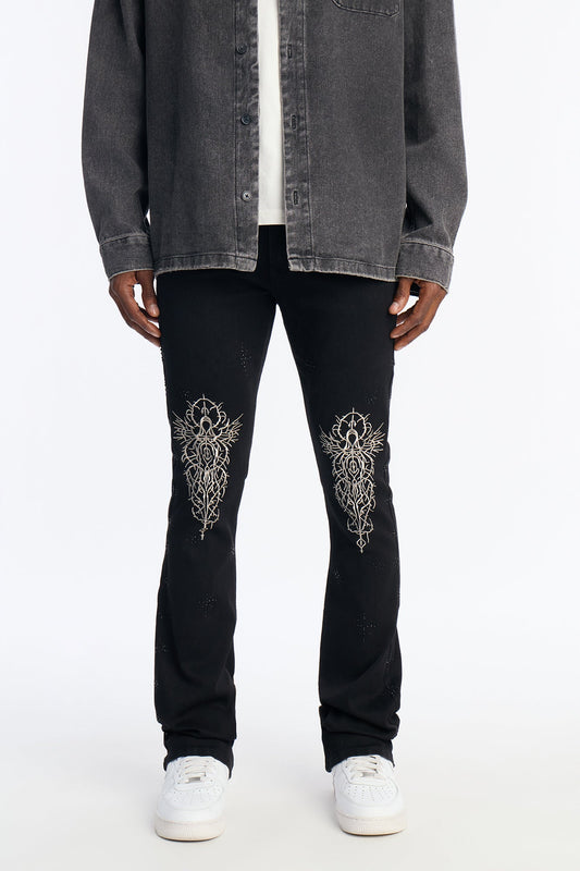 Stacked Skinny Flare Embroidered Saint Jeweled Jean - Black