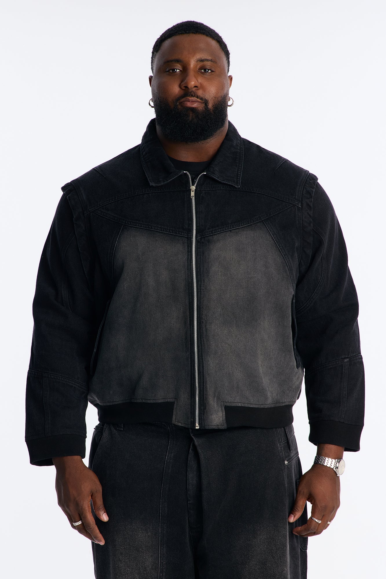 Paneled Denim Bomber Jacket - Black Wash