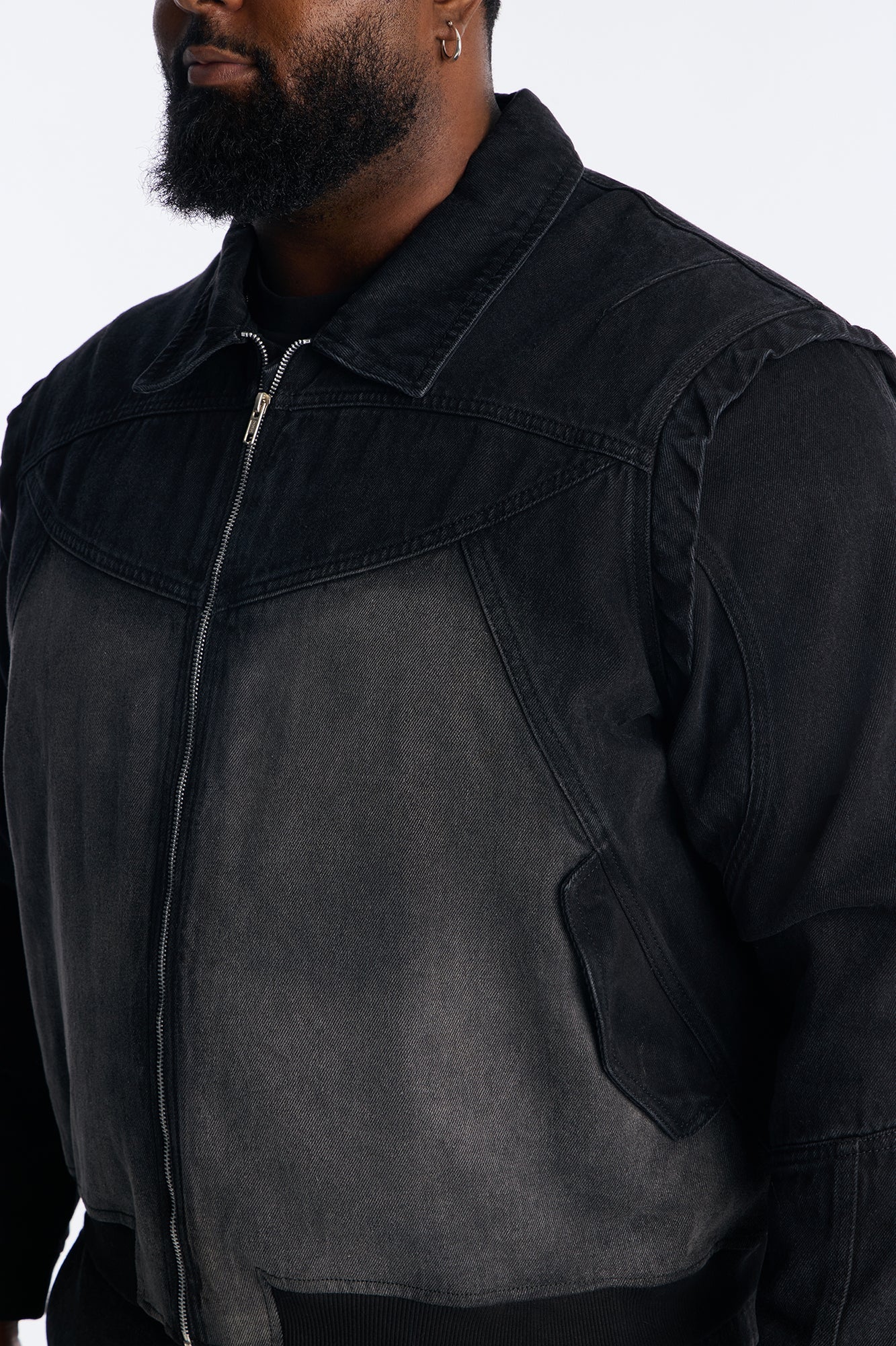 Paneled Denim Bomber Jacket - Black Wash