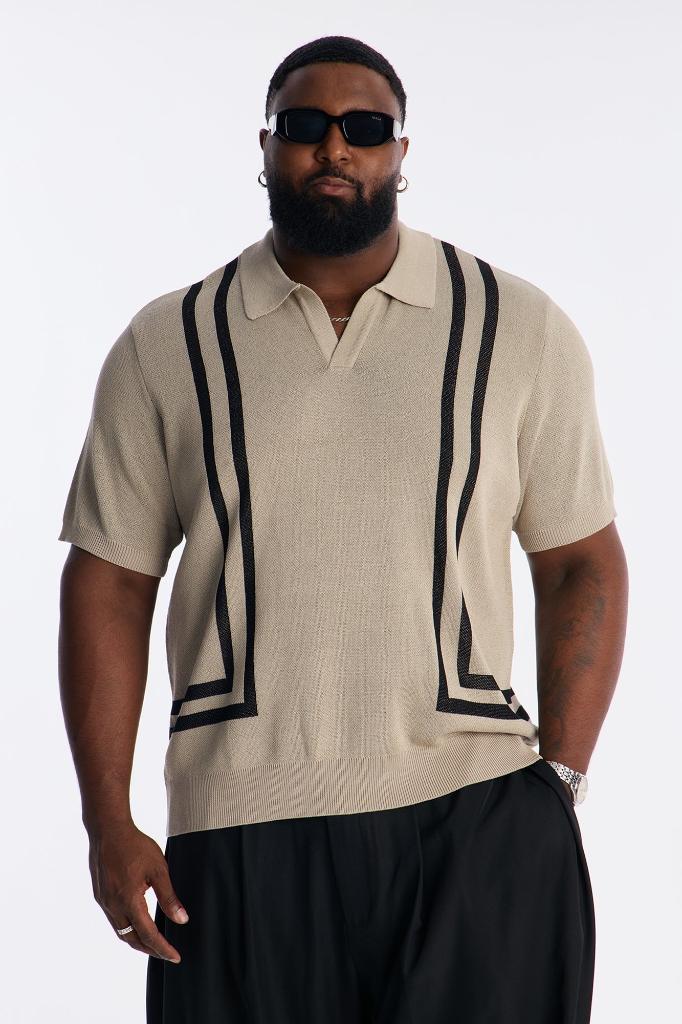 Seeing Lines Knit Johnny Collar Shirt - Tan