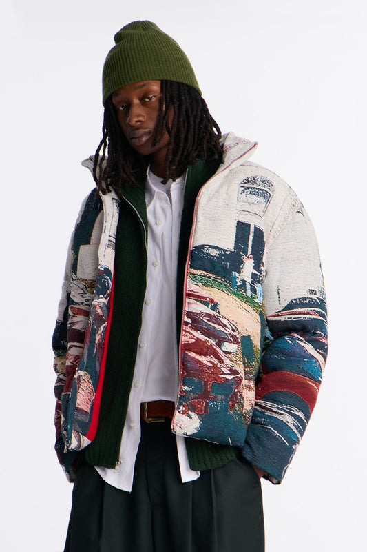 Racing Mind Tapestry Puffer Jacket - Cream