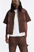 Cropped Splatter Paint Distressed Carpenter Work Shirt - Brown