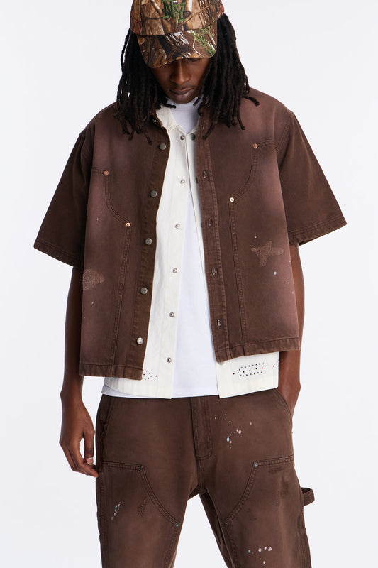 Cropped Splatter Paint Distressed Carpenter Work Shirt - Brown