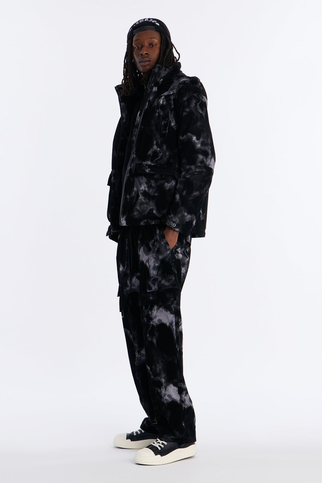 Baggy Flocked Marble Cargo Pant - Black