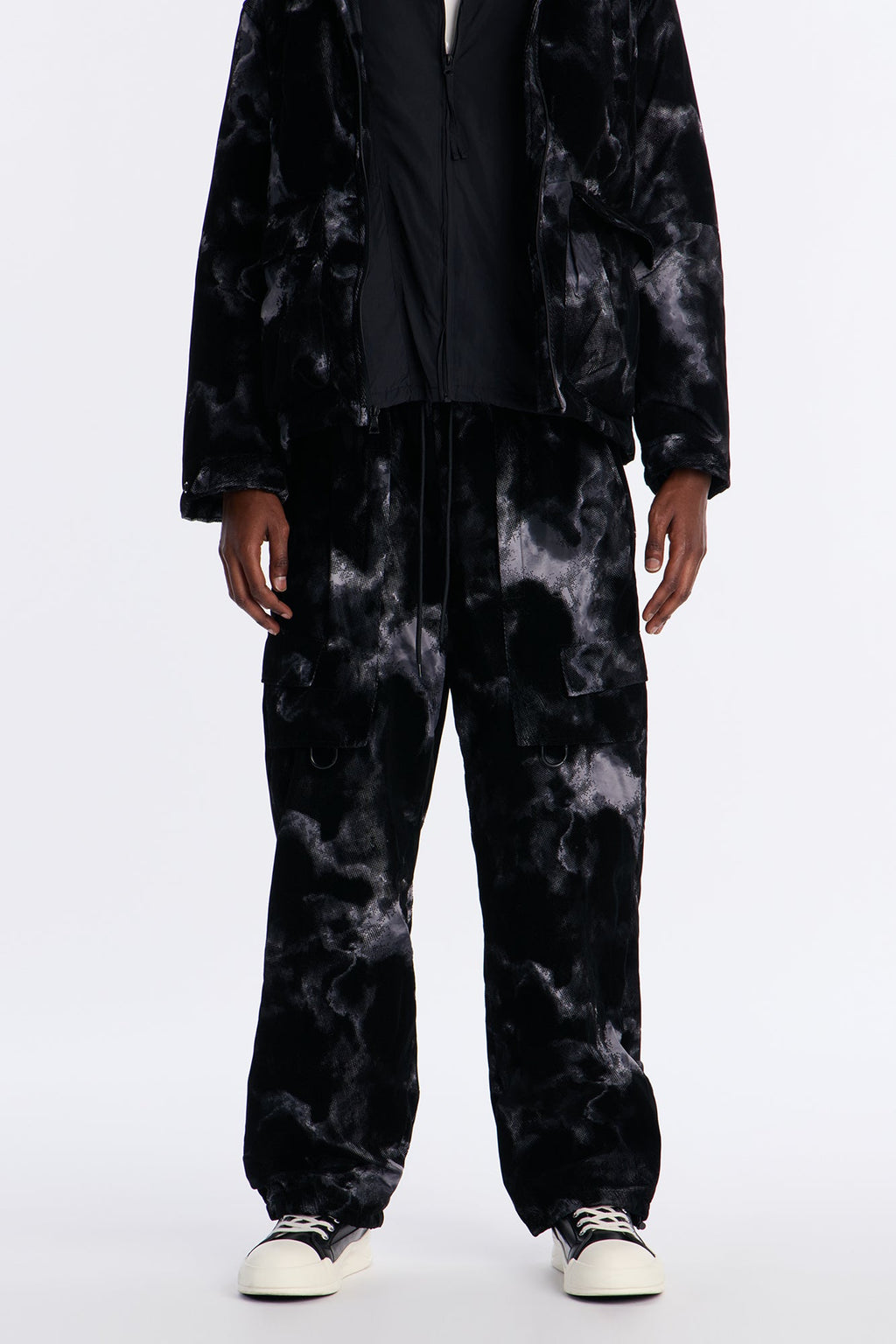 Baggy Flocked Marble Cargo Pant - Black