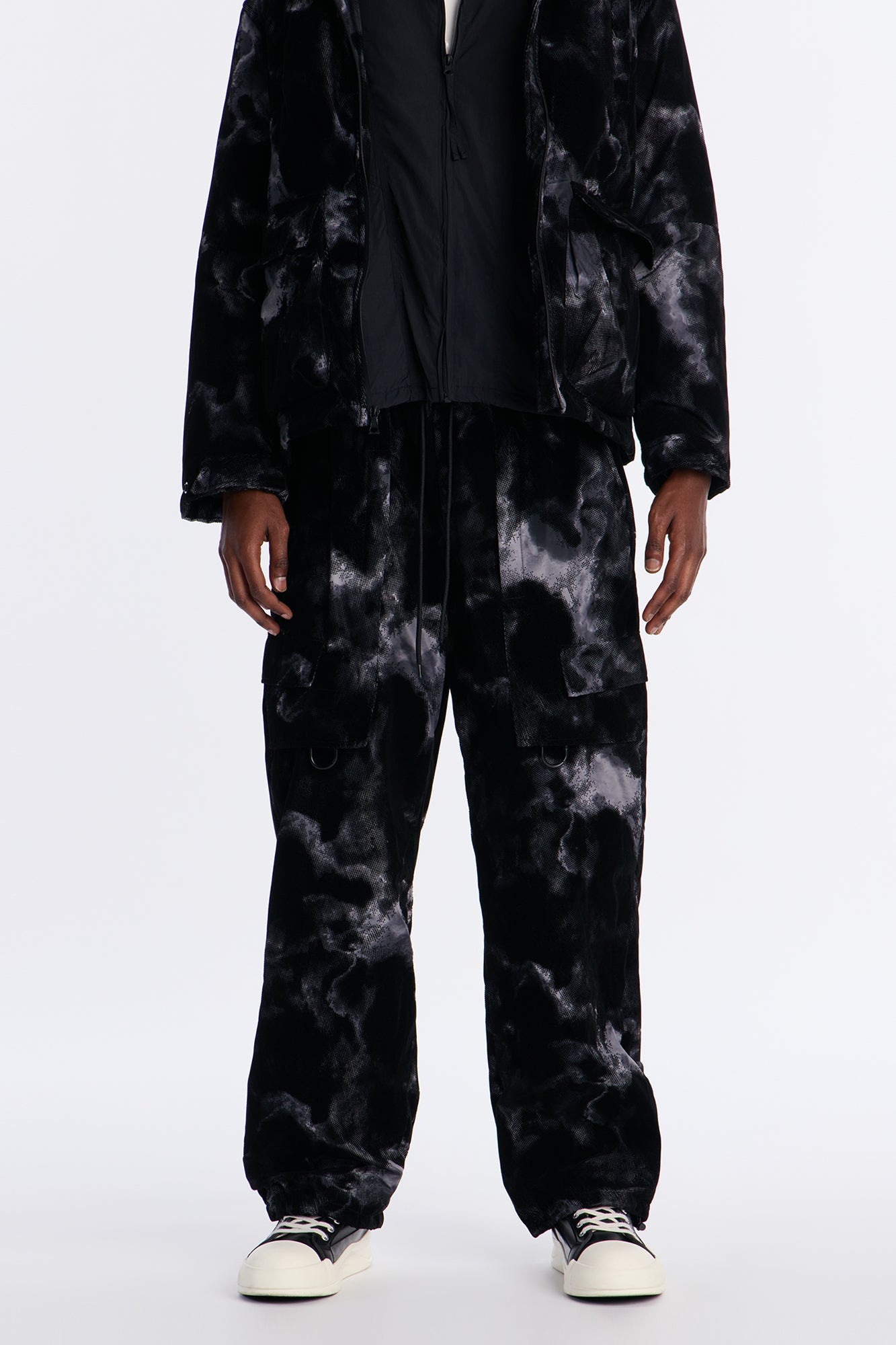 Baggy Flocked Marble Cargo Pant - Black