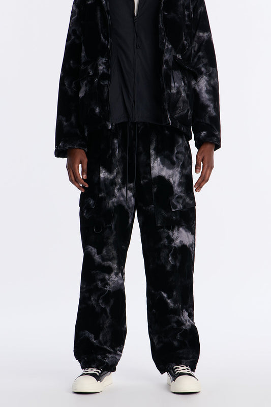 Baggy Flocked Marble Cargo Pant - Black
