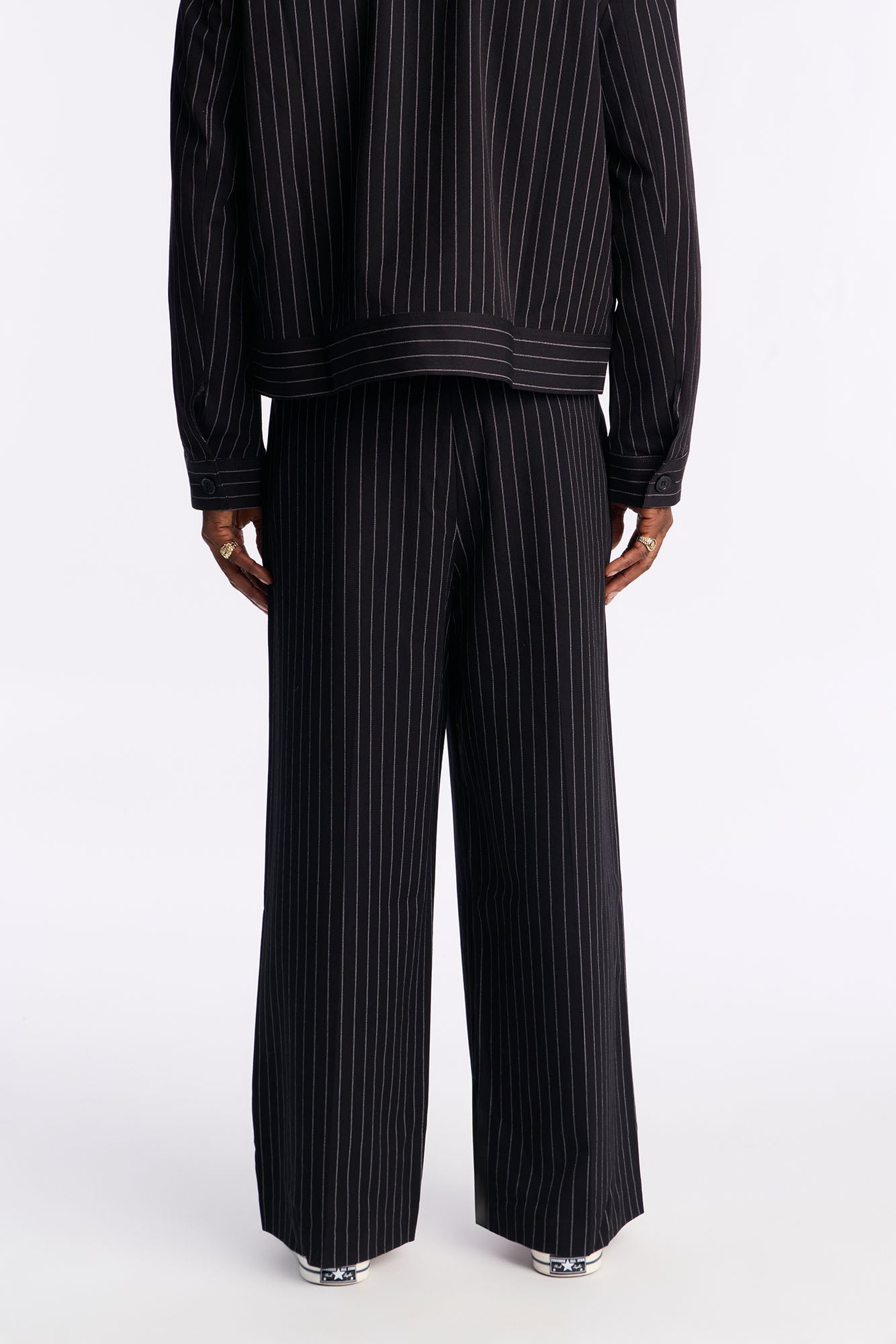 Wide Leg Straight Striped Trouser - Black