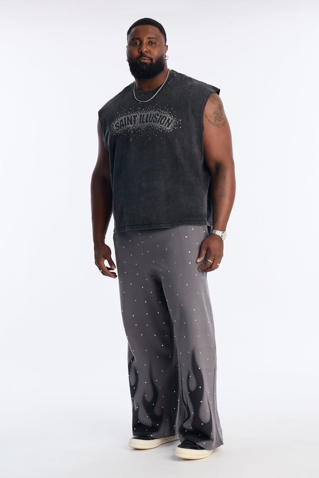 Rhinestone Flame Wide Leg Sweatpants - Charcoal