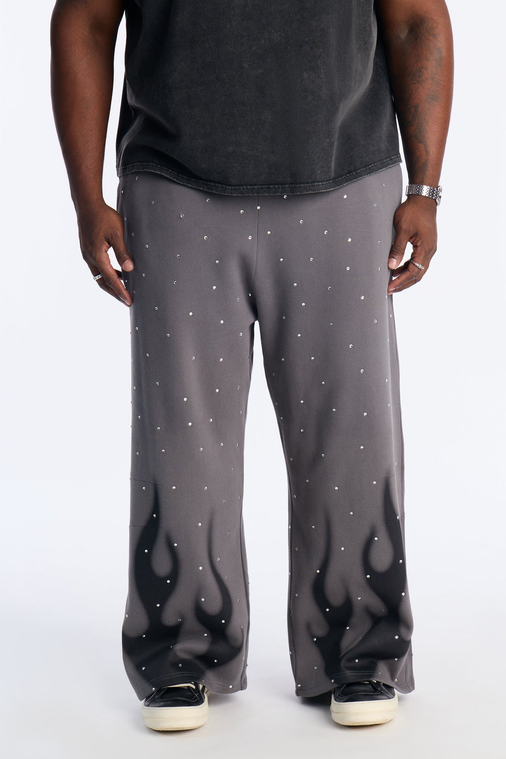 Rhinestone Flame Wide Leg Sweatpants - Charcoal