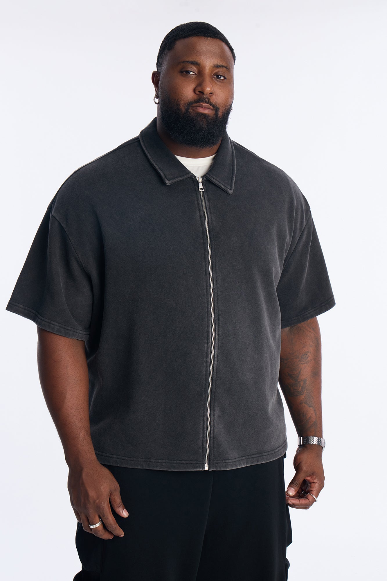 Heavy Wash Oversized Full Zip Polo - Black