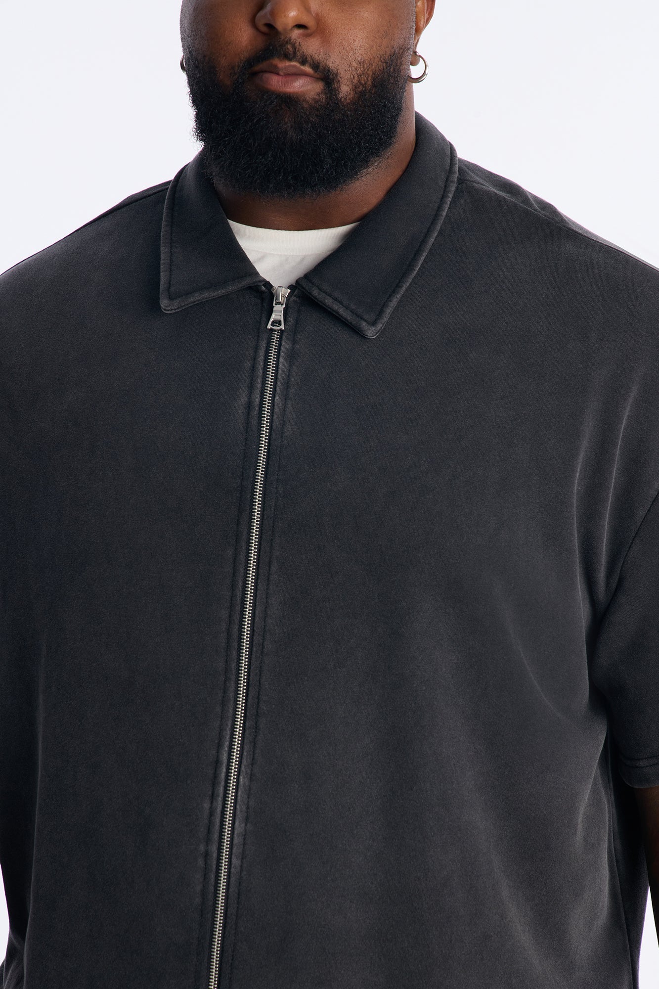 Heavy Wash Oversized Full Zip Polo - Black