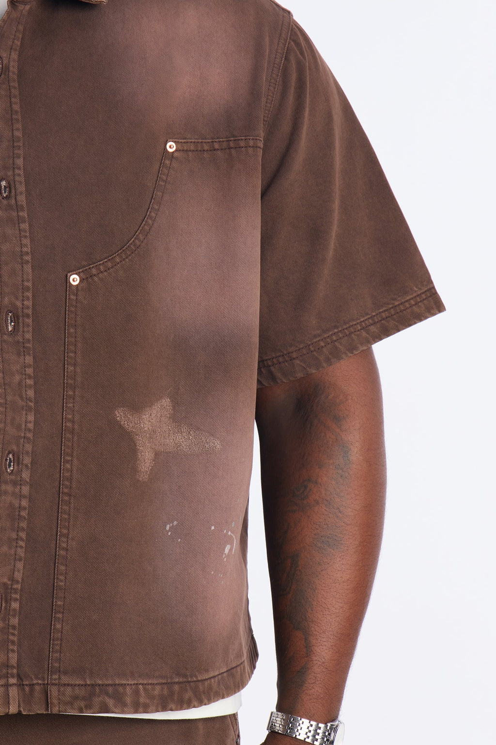 Cropped Splatter Paint Distressed Carpenter Work Shirt - Brown