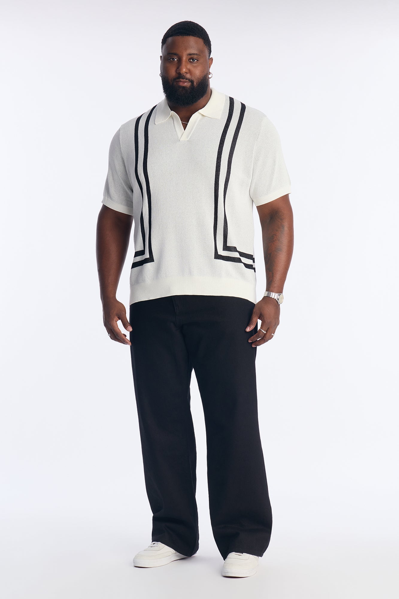 Seeing Lines Knit Johnny Collar Shirt - White